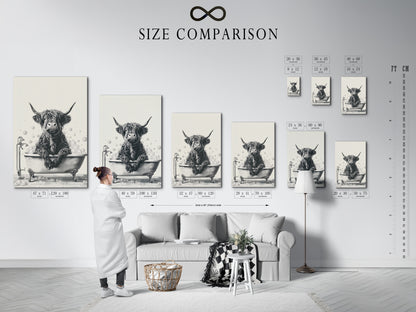 Size comparison chart in an interior setting. Showcasing a Highland Cow in a Bathtub artwork. The canvas print is a charming piece of bathroom wall art. The farm animal art fits perfectly into farmhouse decor. It helps visualize the ideal size for any room. Perfect for cow lovers and art enthusiasts.