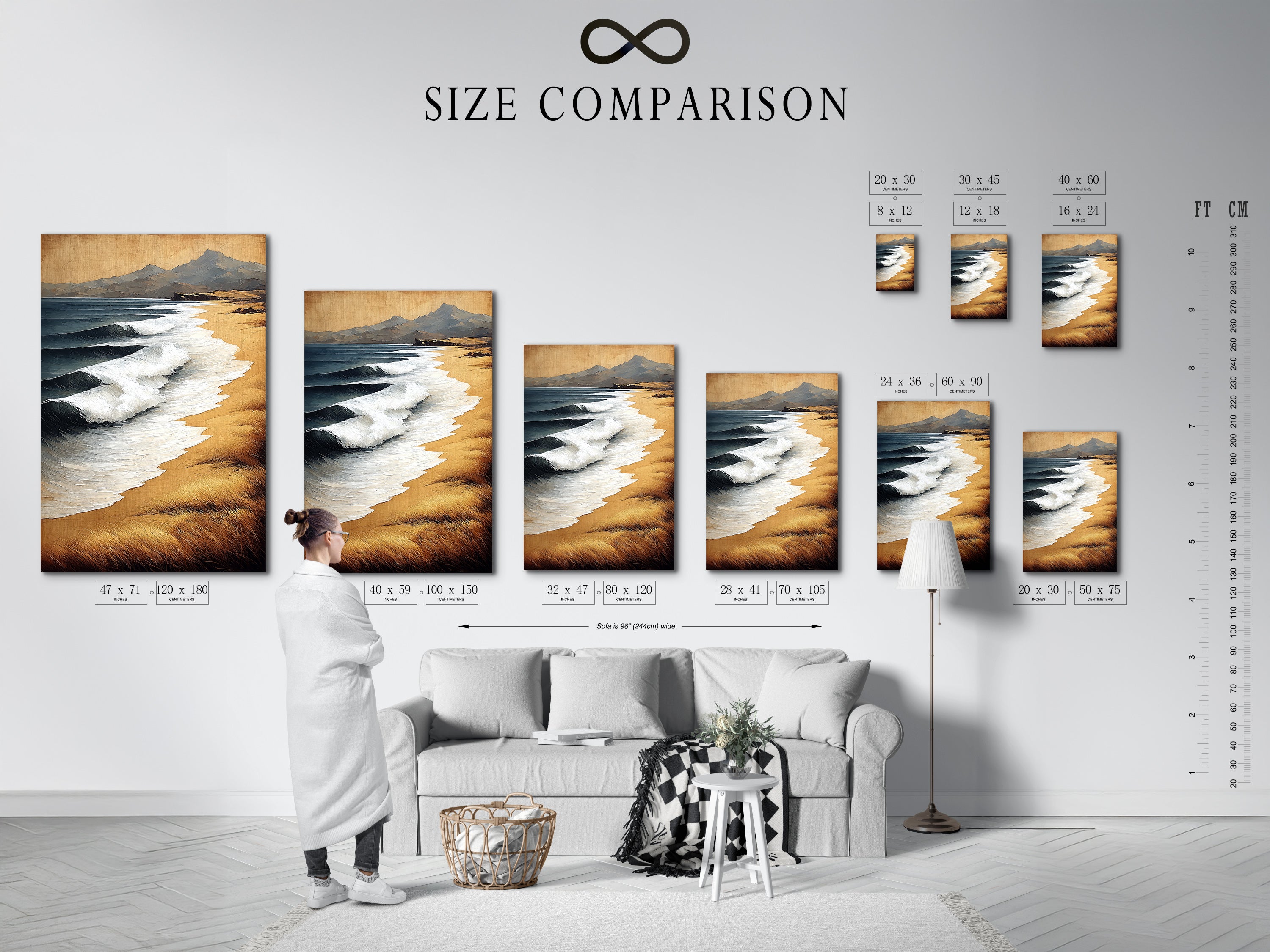 Explore our size comparison chart in an interior setting. Visualize how our coastal artwork fits into your space. The chart showcases various sizes of our canvas prints and posters. Find the perfect dimensions to enhance your home decor. Make an informed decision with our helpful size guide.