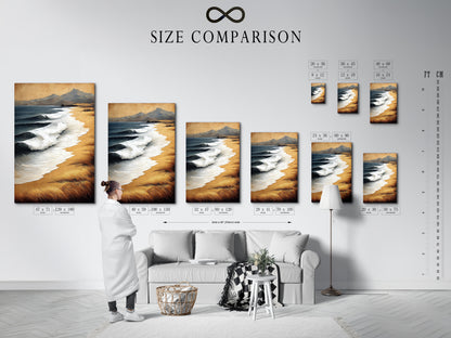Explore our size comparison chart in an interior setting. Visualize how our coastal artwork fits into your space. The chart showcases various sizes of our canvas prints and posters. Find the perfect dimensions to enhance your home decor. Make an informed decision with our helpful size guide.