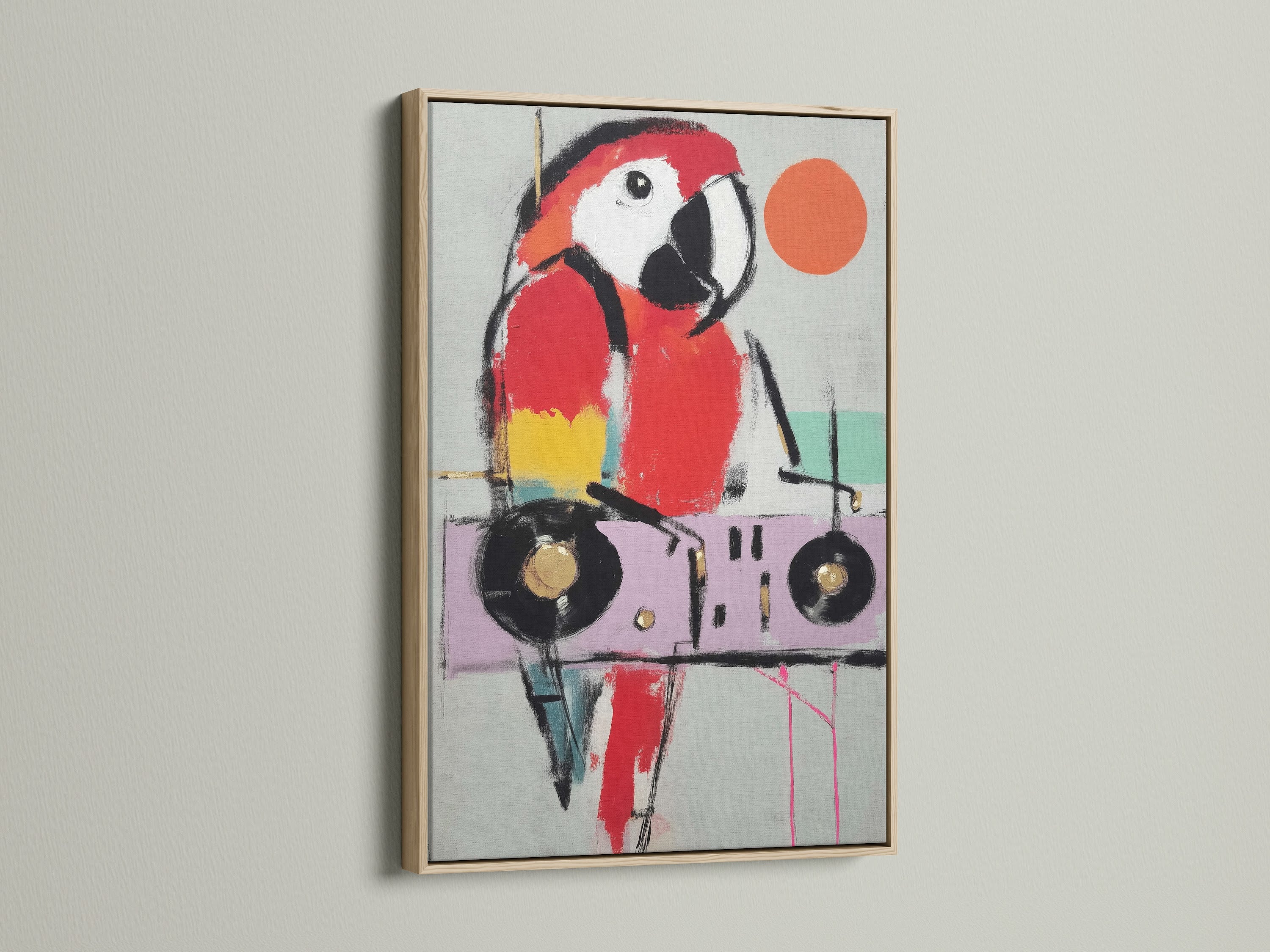 The modern parrot artwork is showcased in an oak frame. It's vibrant and colorful. The abstract animal adds a touch of contemporary style. This bird canvas print is ideal for living room wall art. It's also great for office wall art. Discover the charm of tropical wall art.