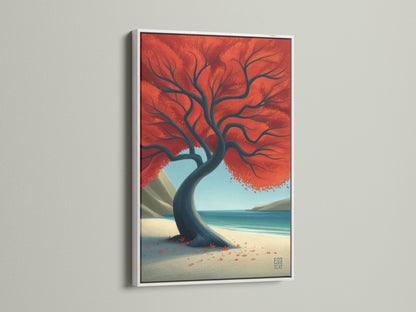 The Red Tree coastal landscape artwork is displayed in a white frame. The clean white frame adds a fresh modern look. This artwork brightens any room with its vibrant colors. The red tree art offers a tranquil beach scene.
