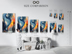 Size comparison chart in an interior setting. The chart shows the different sizes available for the artwork. This modern abstract landscape art is perfect for living rooms studies and lobbies.