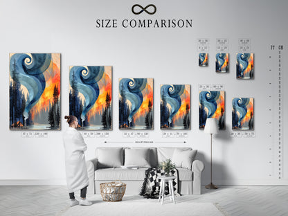 Size comparison chart in an interior setting. The chart shows the different sizes available for the artwork. This modern abstract landscape art is perfect for living rooms studies and lobbies.