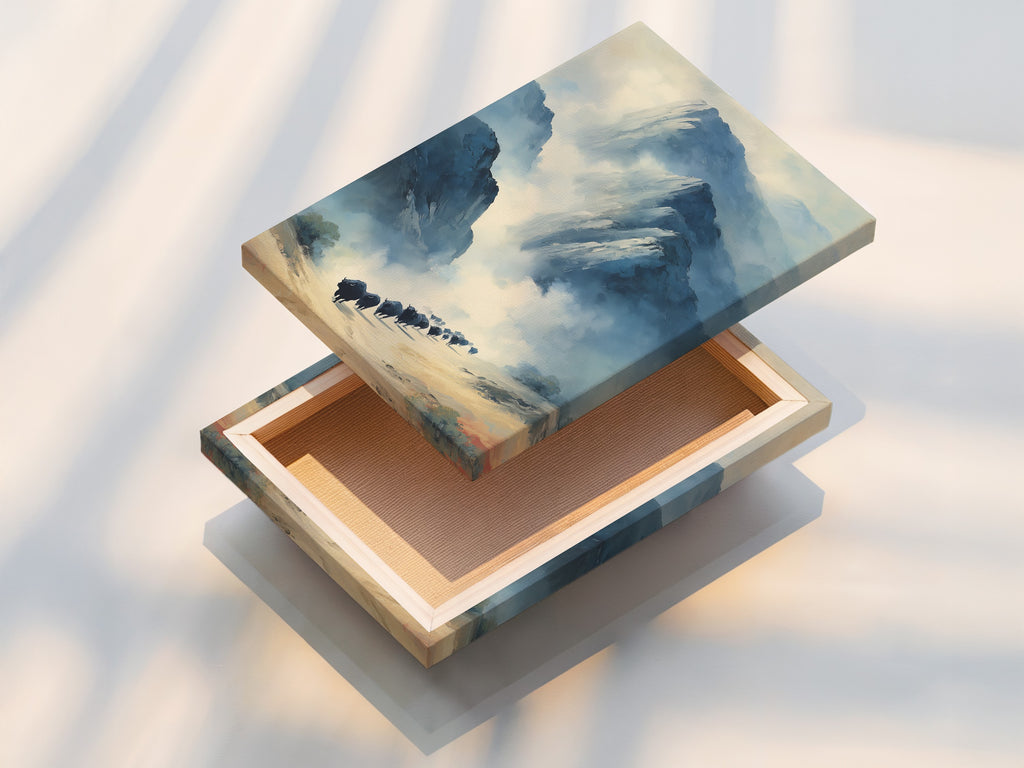 A stretched canvas print is displayed on a wall. The canvas enhances the texture and depth. It brings the mountain vista to life. The stretched canvas is ready to hang. It is perfect for adding instant style to any room. This buffalo art is ideal for rustic wall art. It is a great addition to your home or office decor. The canvas print offers durability and beauty.