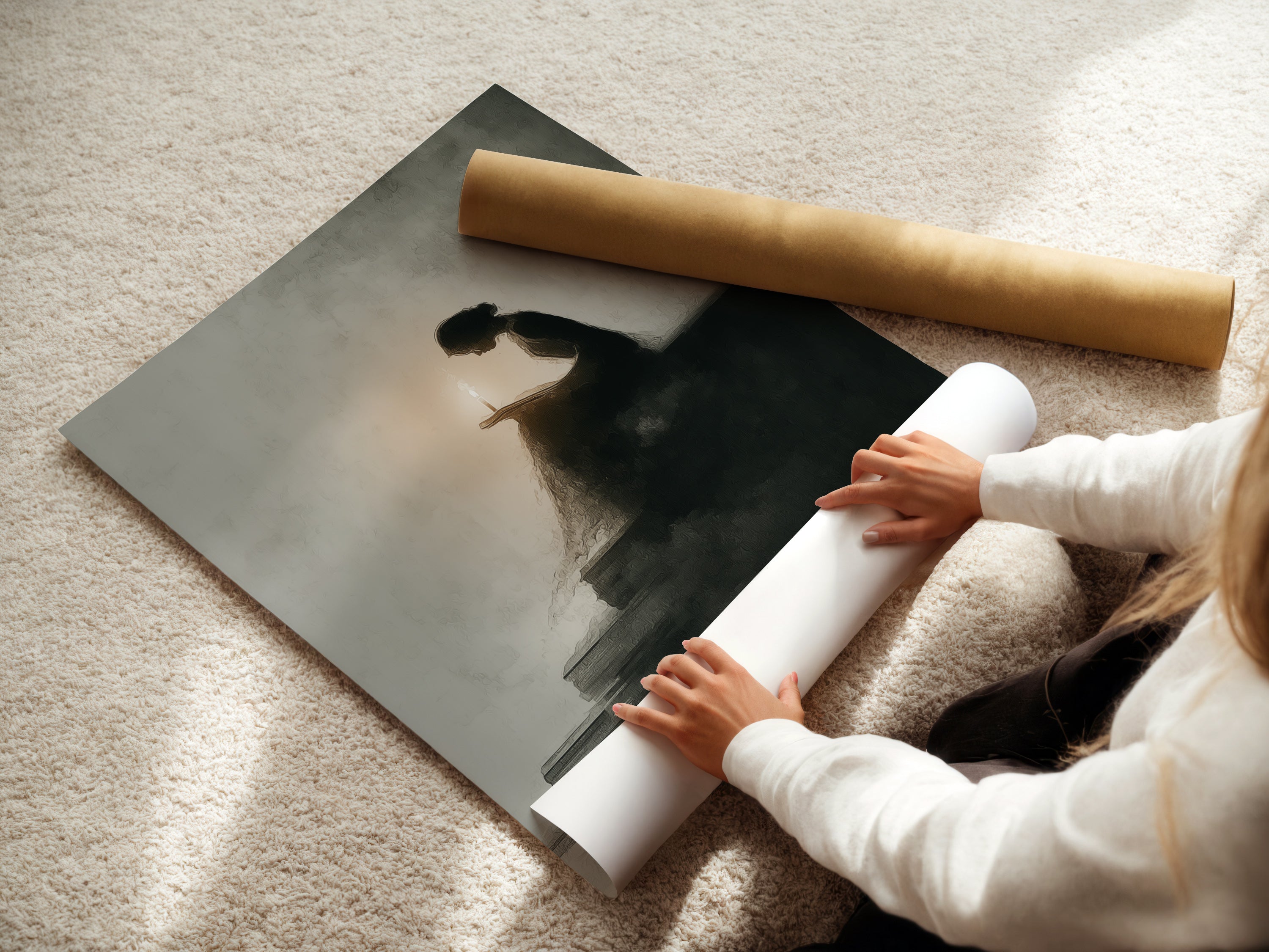 A woman is rolling a fine art poster paper. She is preparing a piece of artwork. The poster paper is high quality. It is perfect for vintage posters and art prints. Ideal for your artwork.