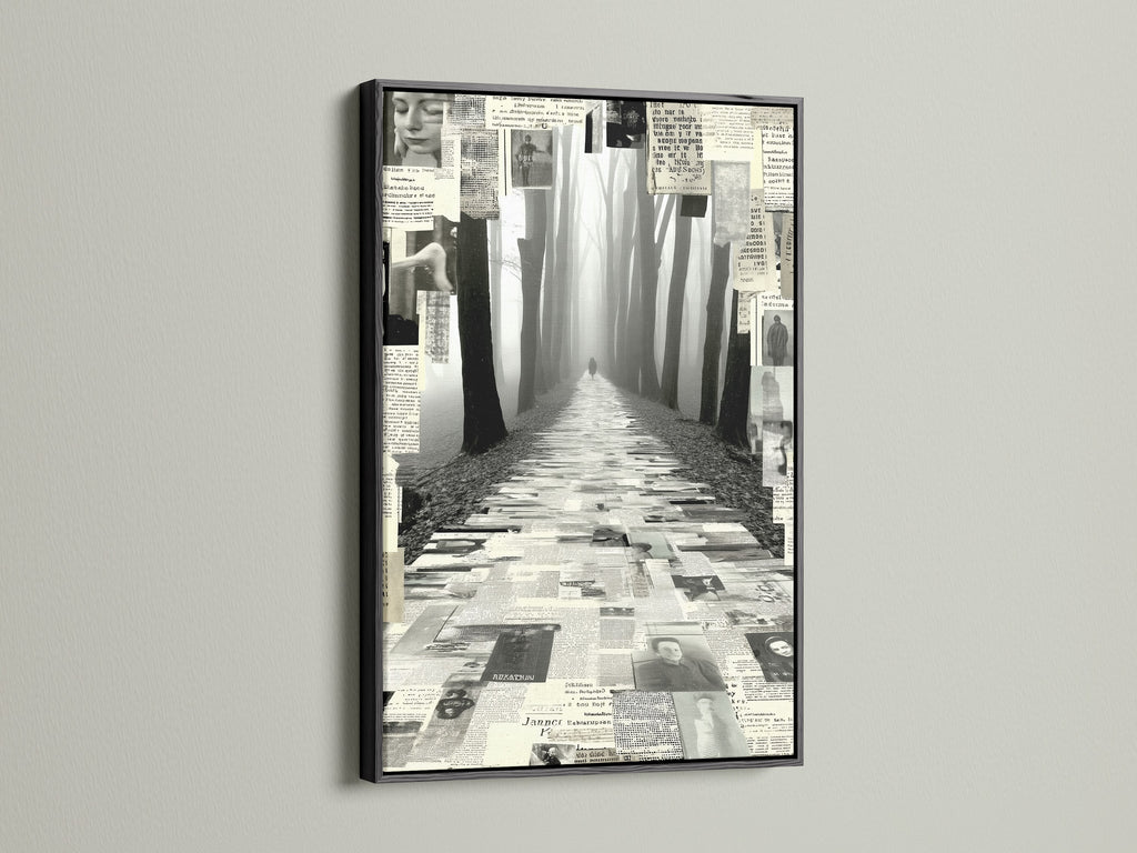 A black frame accentuates the Foggy Forest Path canvas print. The black and white collage art brings a mysterious touch to your space. This artwork enhances living rooms bedrooms and offices. It is perfect for those seeking elevated contemporary wall decor and minimalist styles.