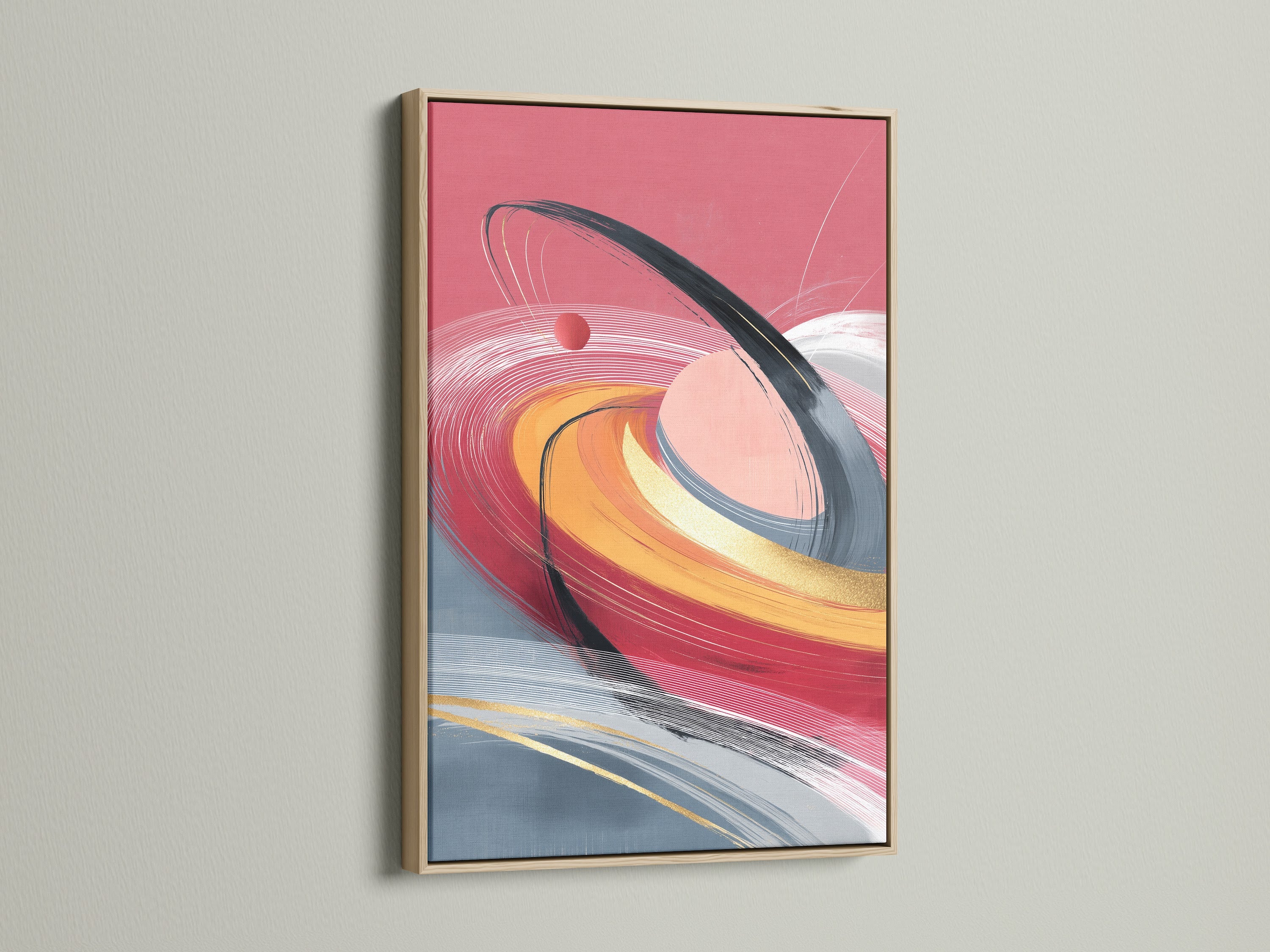 Abstract swirl art displayed in an oak frame. This contemporary print features coral pink and gold accents. Ideal for living rooms bedrooms offices studios lobbies clinics and waiting rooms. Elevate your space today.