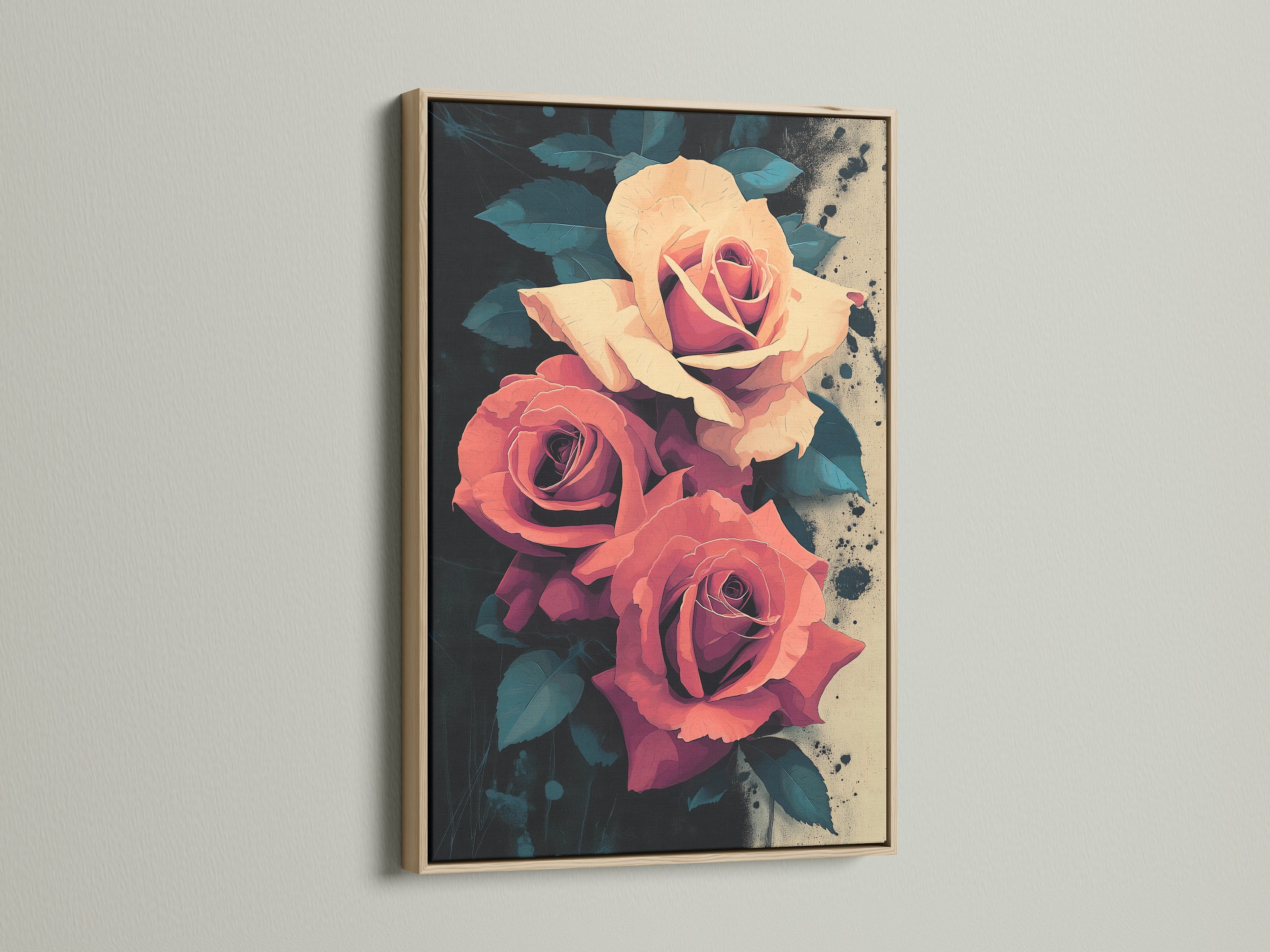 Elevate your space with our Rose Canvas Print. This artwork features peach and coral roses in a oak frame. Discover framed flower artwork. This frame enhances the floral art. Ideal for adding a touch of botanical beauty to any room