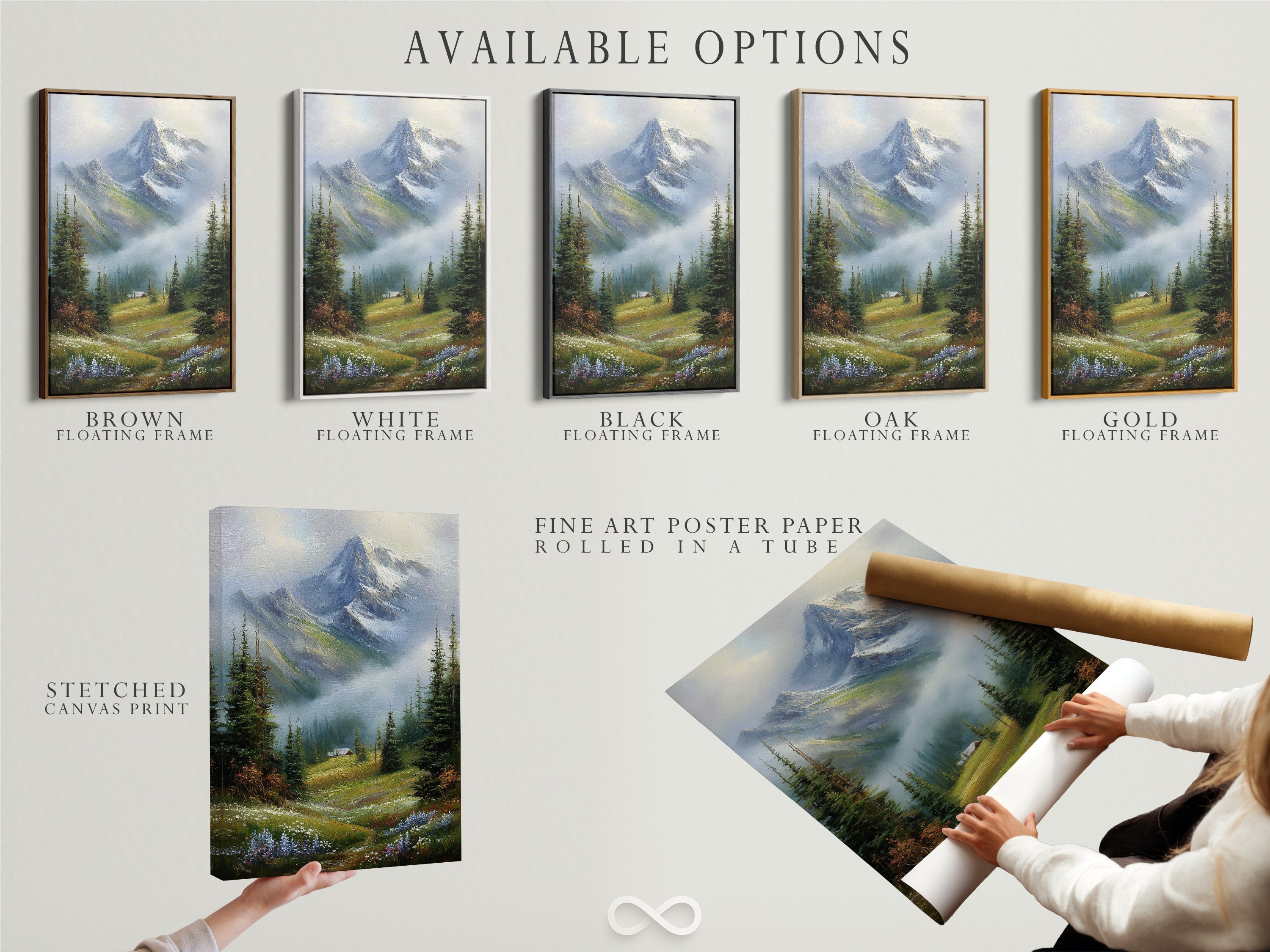 Here are the available options. You can choose a stretched canvas print. Fine art poster paper is also available. A floating frame is another option. Customize your art to perfectly match your style and space.