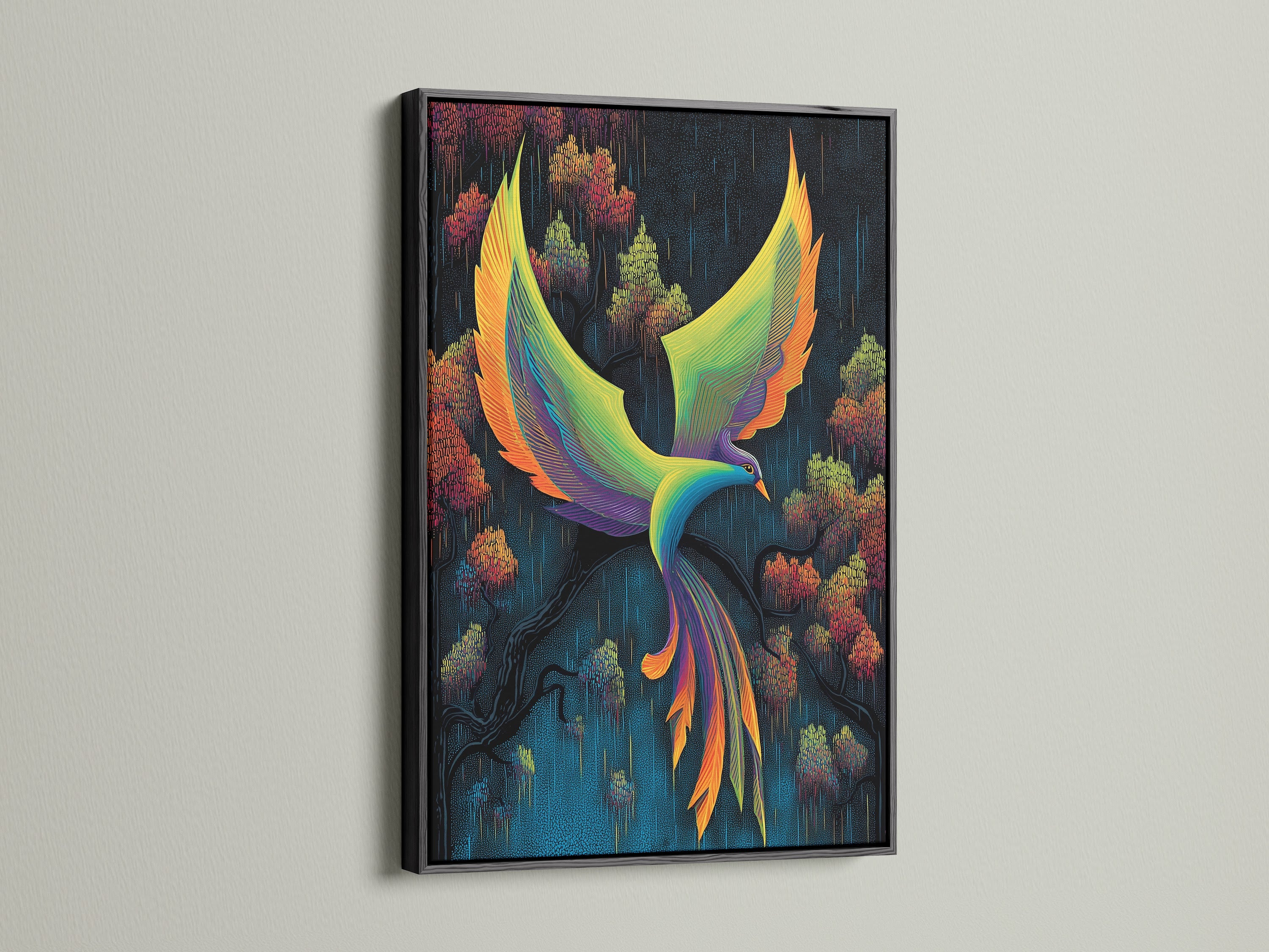 Phoenix Bird canvas in a black frame. This abstract artwork features a teal and orange phoenix. This mythical bird wall decor enhances any room. The vibrant artwork is perfect for modern art lovers. Consider this fantasy print.