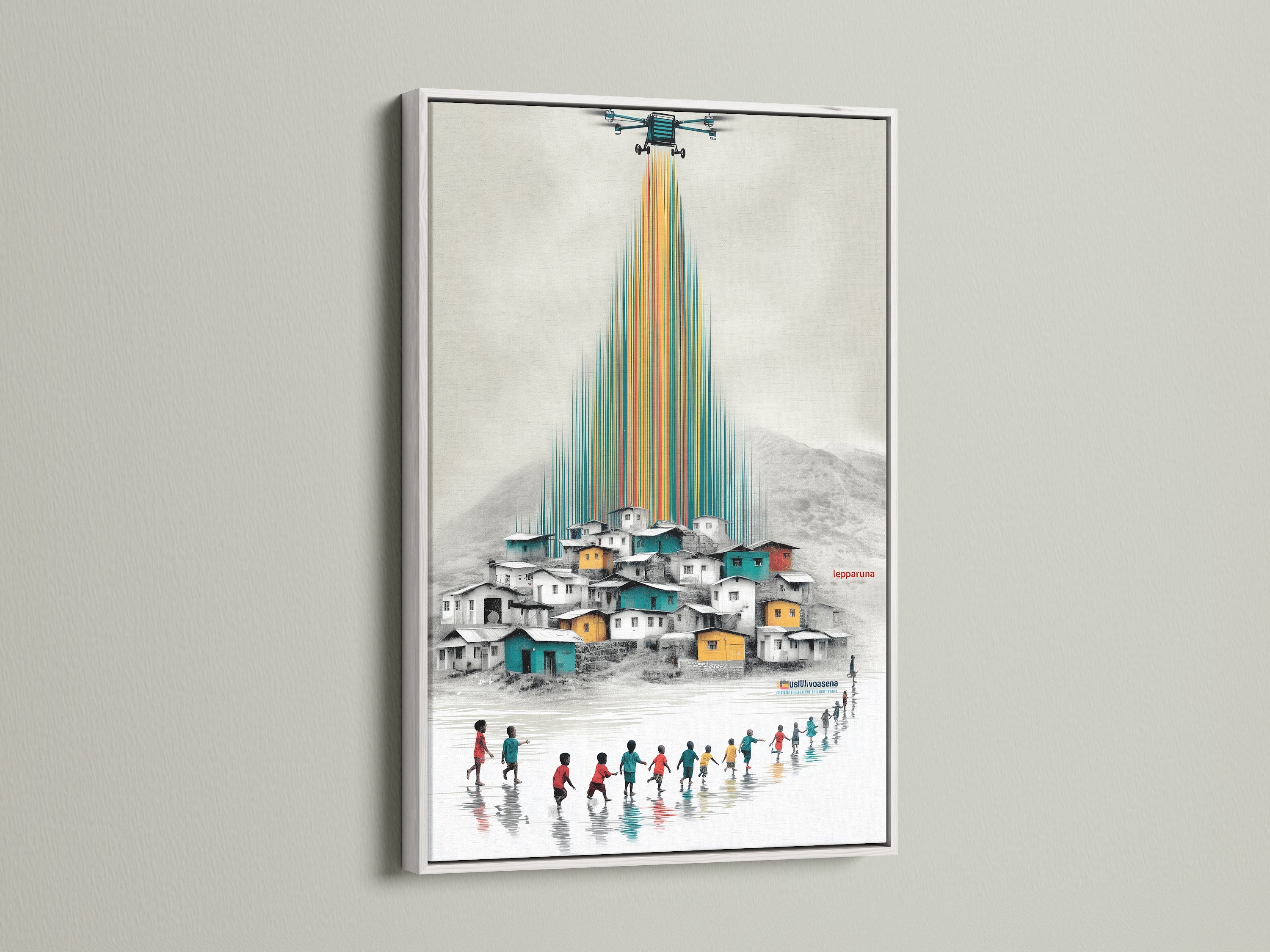 Global Children Canvas Artwork with a white frame. The artwork features a colorful village scene. Children are walking towards the village. This kids art gift is ideal for nurseries or children's hospitals.  The drone wall art brings a modern touch to any space.
