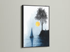 This nautical art print featuring a sailboat at sunset is displayed in a sleek black frame. The minimalist seascape artwork complements modern and industrial decor. The blue and yellow colors evoke a sense of tranquility. Perfect for adding a touch of coastal charm to your living space. Check out our framed art options.