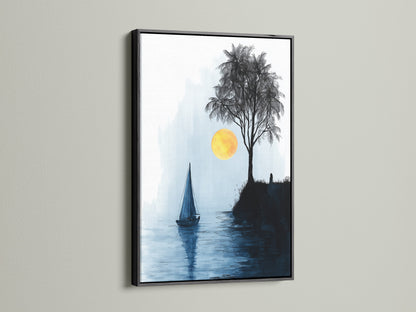 This nautical art print featuring a sailboat at sunset is displayed in a sleek black frame. The minimalist seascape artwork complements modern and industrial decor. The blue and yellow colors evoke a sense of tranquility. Perfect for adding a touch of coastal charm to your living space. Check out our framed art options.
