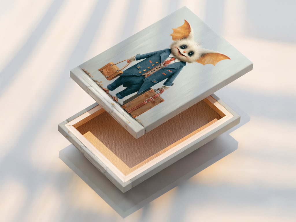 This is a stretched canvas print of the monster travel artwork. The artwork features a cute monster in a suit. The canvas is stretched and ready to hang. It offers a gallery-wrapped look. Add a touch of whimsy to your wall decor with this charming creature art. Perfect for playrooms.