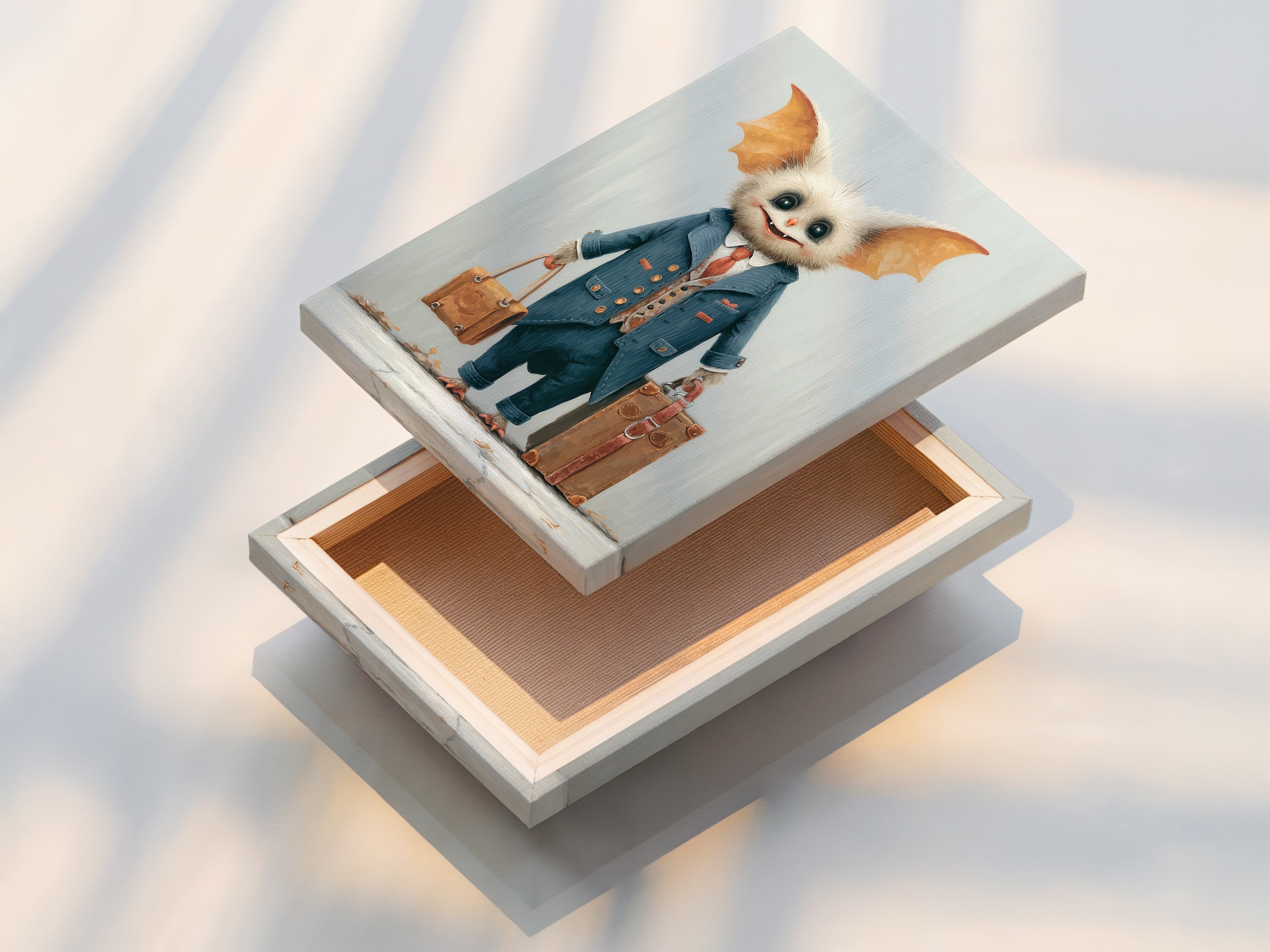 This is a stretched canvas print of the monster travel artwork. The artwork features a cute monster in a suit. The canvas is stretched and ready to hang. It offers a gallery-wrapped look. Add a touch of whimsy to your wall decor with this charming creature art. Perfect for playrooms.