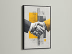 Business Handshake Art Print in a sleek black frame. This contemporary print is perfect for modern office decor. The artwork features a yellow abstract design. It enhances any professional space with a touch of collaboration.
