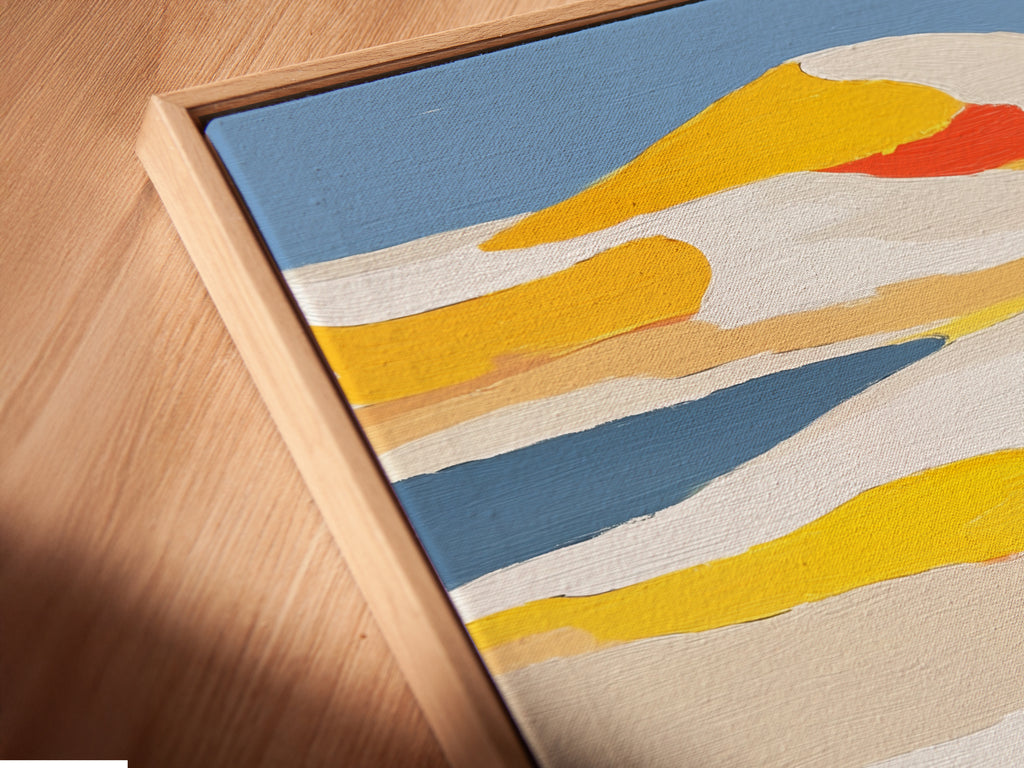 Close up angled view of a canvas print in a floating frame. The artwork appears to float adding a unique touch to your wall decor. This modern minimalist piece enhances any room. The floating frame offers a sleek contemporary look.