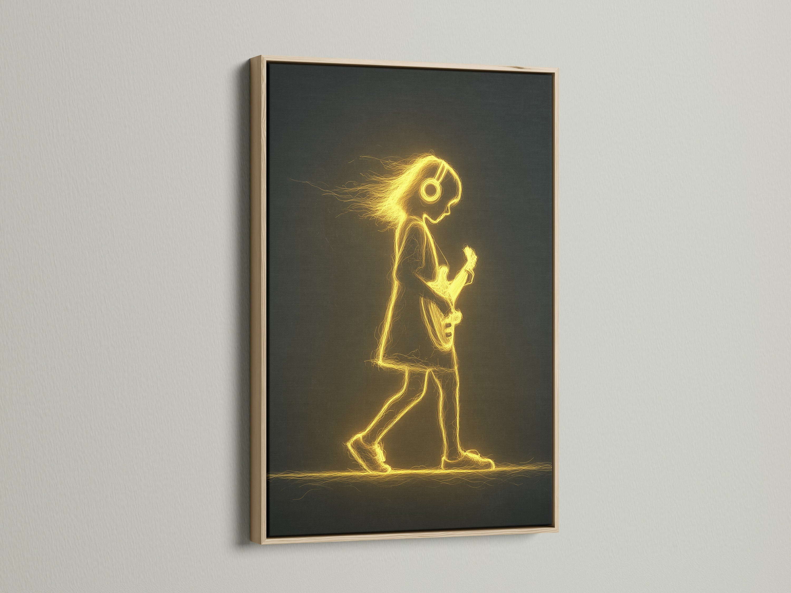 See the Guitar Player Canvas Art with an oak frame. This vibrant neon canvas print adds a musical touch. It is great for music wall art. It is perfect for music lovers. The musician artwork creates a golden light.