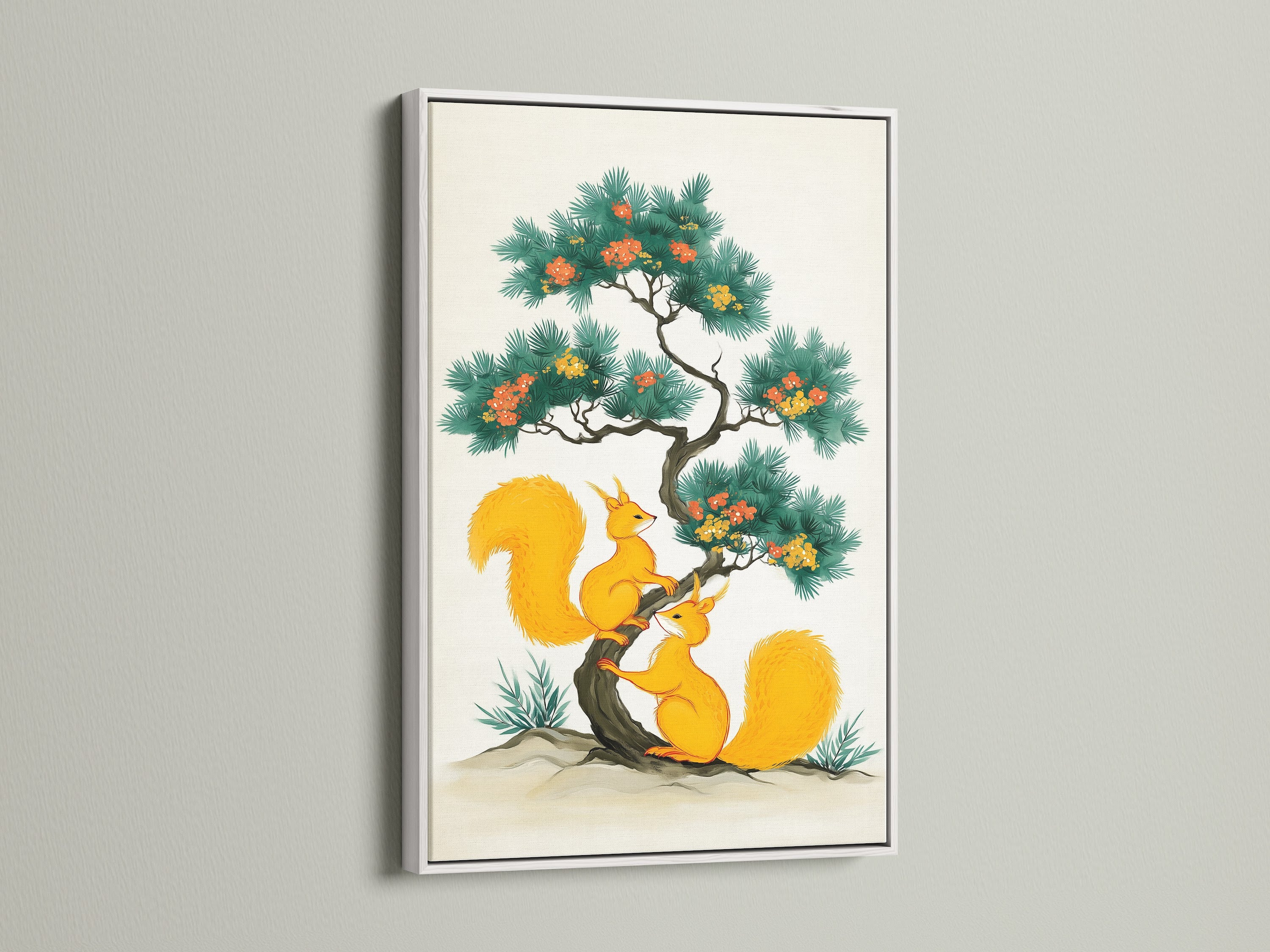 A delightful Asian-style squirrel art print is presented in a white frame. This botanical print is an excellent choice for playroom decor. The white frame enhances the colors of the animal artwork. It creates a fresh and inviting atmosphere.