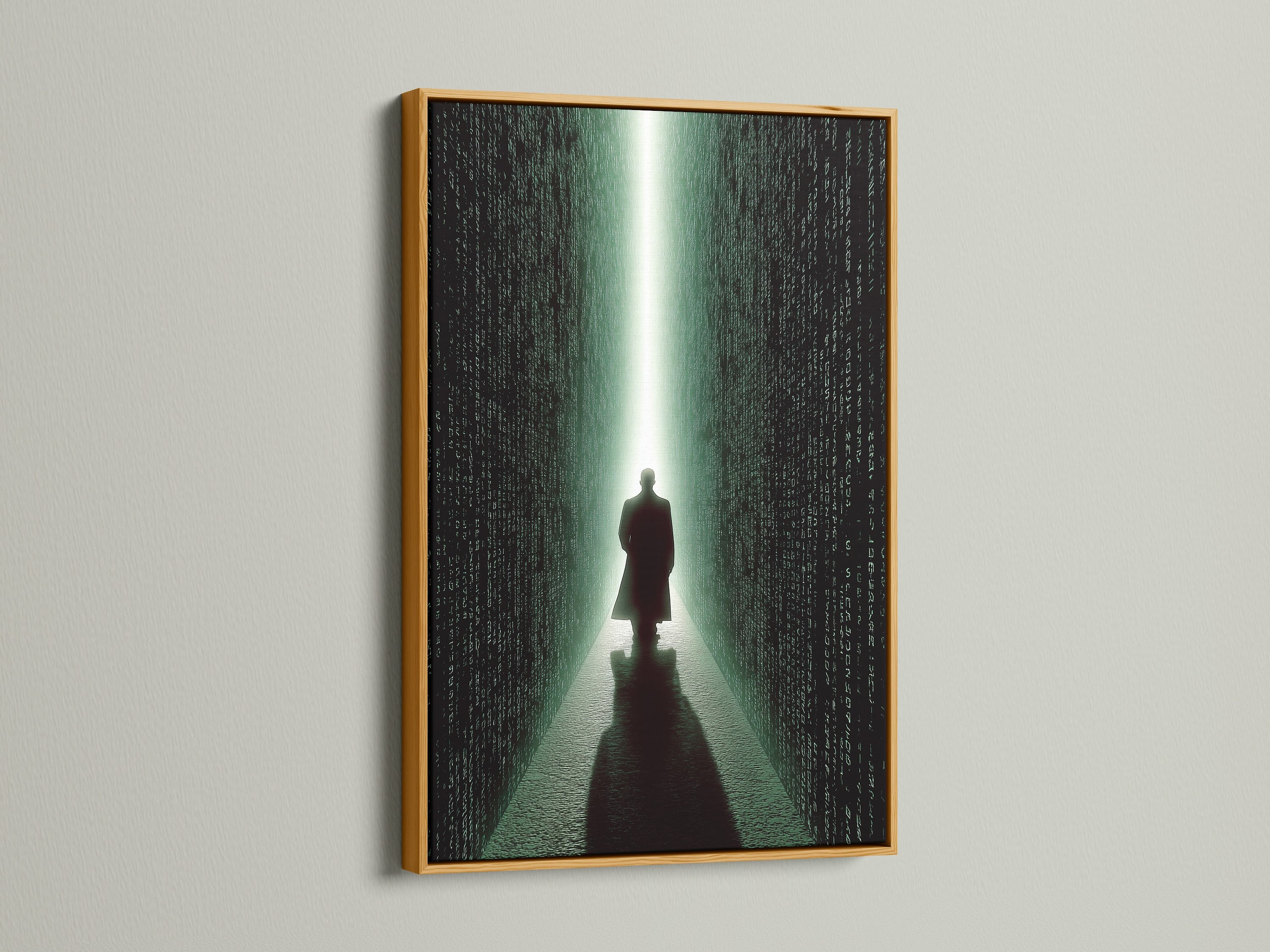 A gold frame adds a touch of luxury to this art print. The artwork depicts a figure walking into a digital corridor. The gold frame enhances the artwork's elegance. Elevate your decor with a gold framed art print. Explore options now.