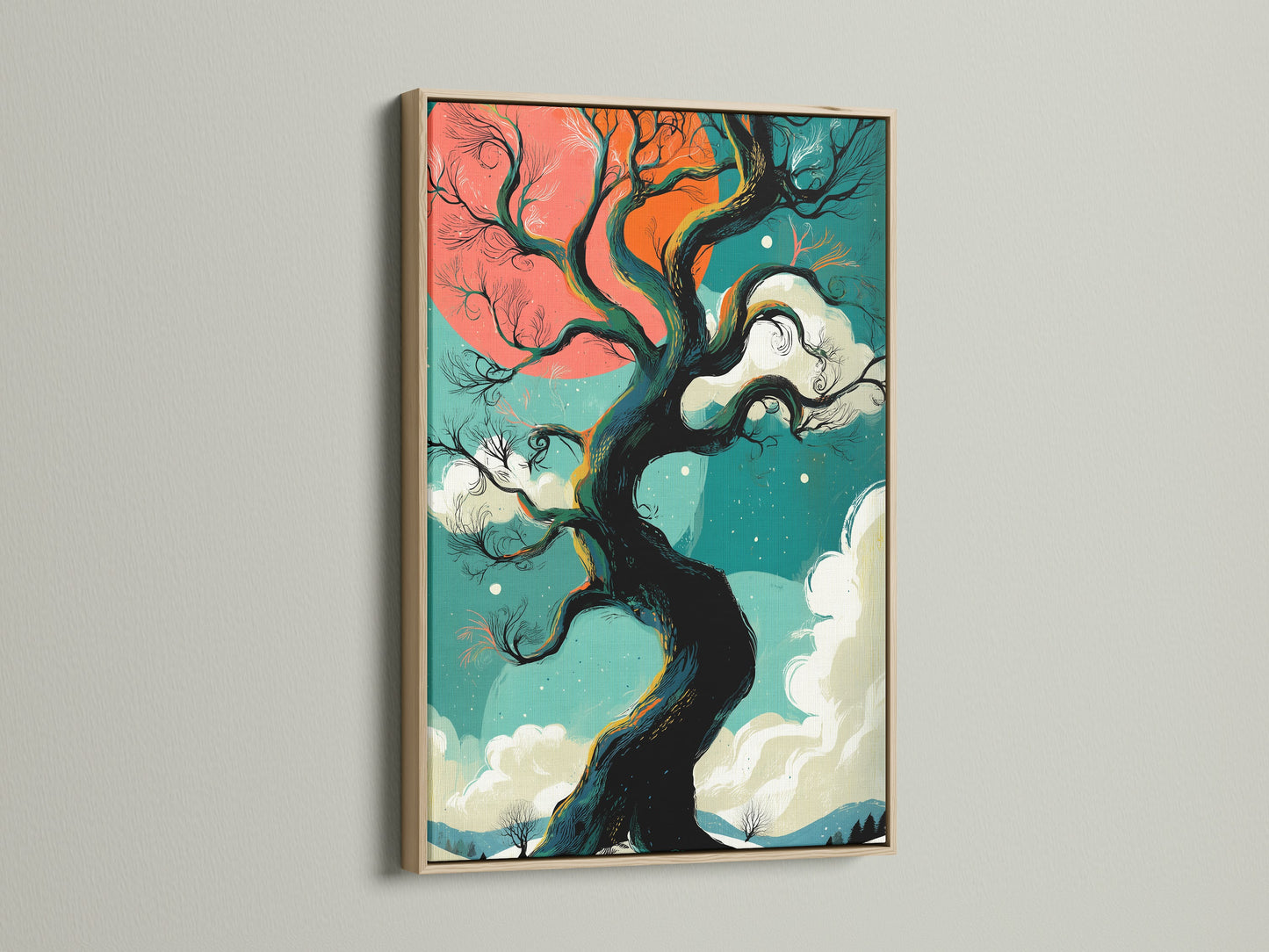 A captivating winter tree artwork with a teal and coral sky. This fantasy landscape poster is showcased in an oak frame. Perfect bedroom wall decor to bring nature indoors. Explore our tree silhouette art.