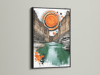 Teal and Orange Canyon Artwork in Black Frame. This striking piece brings a touch of the desert landscape to your walls. The black frame adds a bold contrast. Elevate your office or living room decor.
