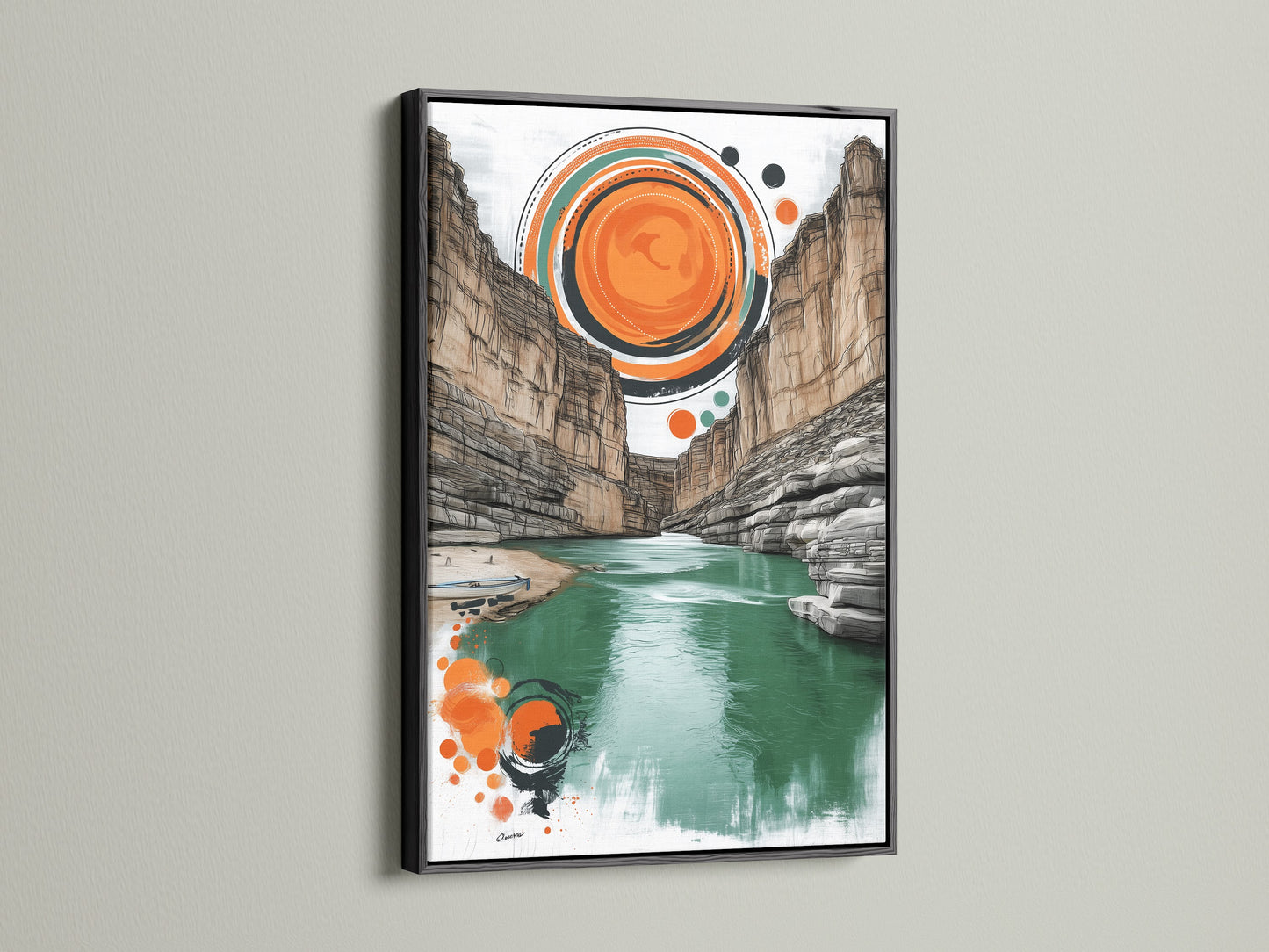 Teal and Orange Canyon Artwork in Black Frame. This striking piece brings a touch of the desert landscape to your walls. The black frame adds a bold contrast. Elevate your office or living room decor.