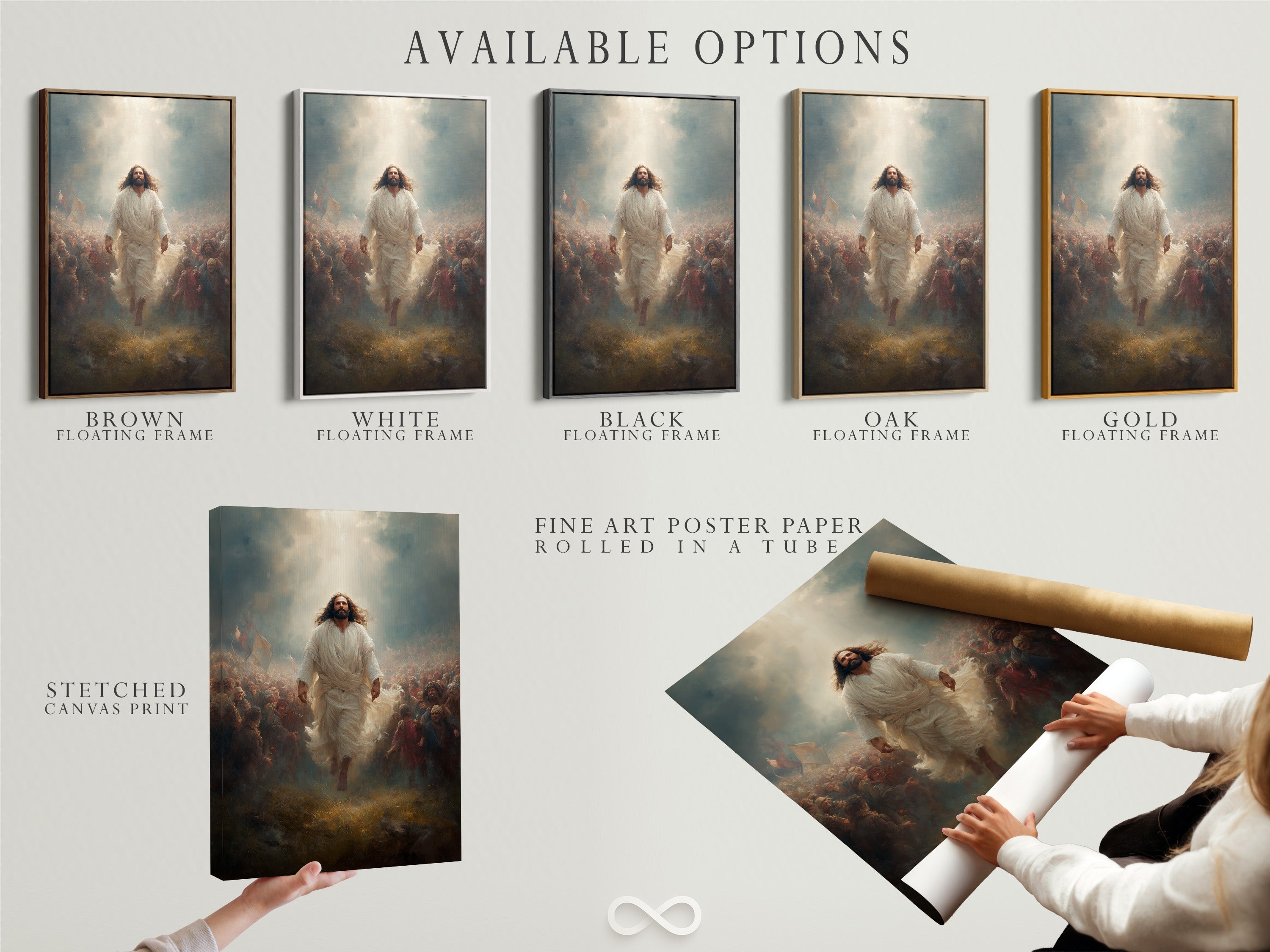 Explore available options for this Jesus Christ artwork. Choose from a stretched canvas print. Or a fine art poster paper. Consider a floating frame. Perfect for Christian home decor or a spiritual gift. Enhance your religious decor.