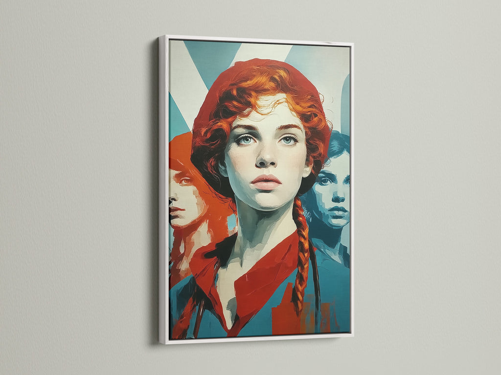 Retro Woman Art in a White Frame. This vintage pop art style wall decor is perfect for a bedroom or office space. The artwork features red hair and teal orange hues. Elevate your space with this modern portrait.