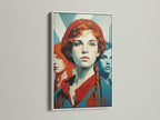 Retro Woman Art in a White Frame. This vintage pop art style wall decor is perfect for a bedroom or office space. The artwork features red hair and teal orange hues. Elevate your space with this modern portrait.