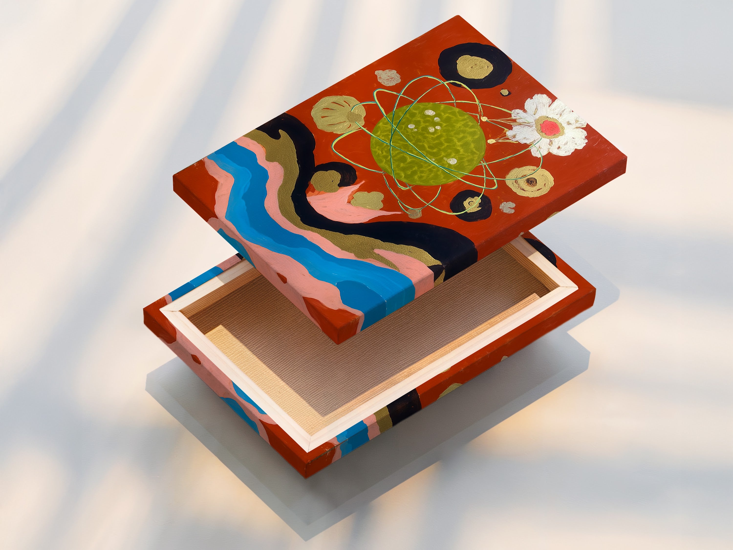 This is a stretched canvas print of cosmic abstract artwork. The celestial collage wall art is modern surreal. The abstract collage has a mid-century style. The primary color is orange and secondary color is green.