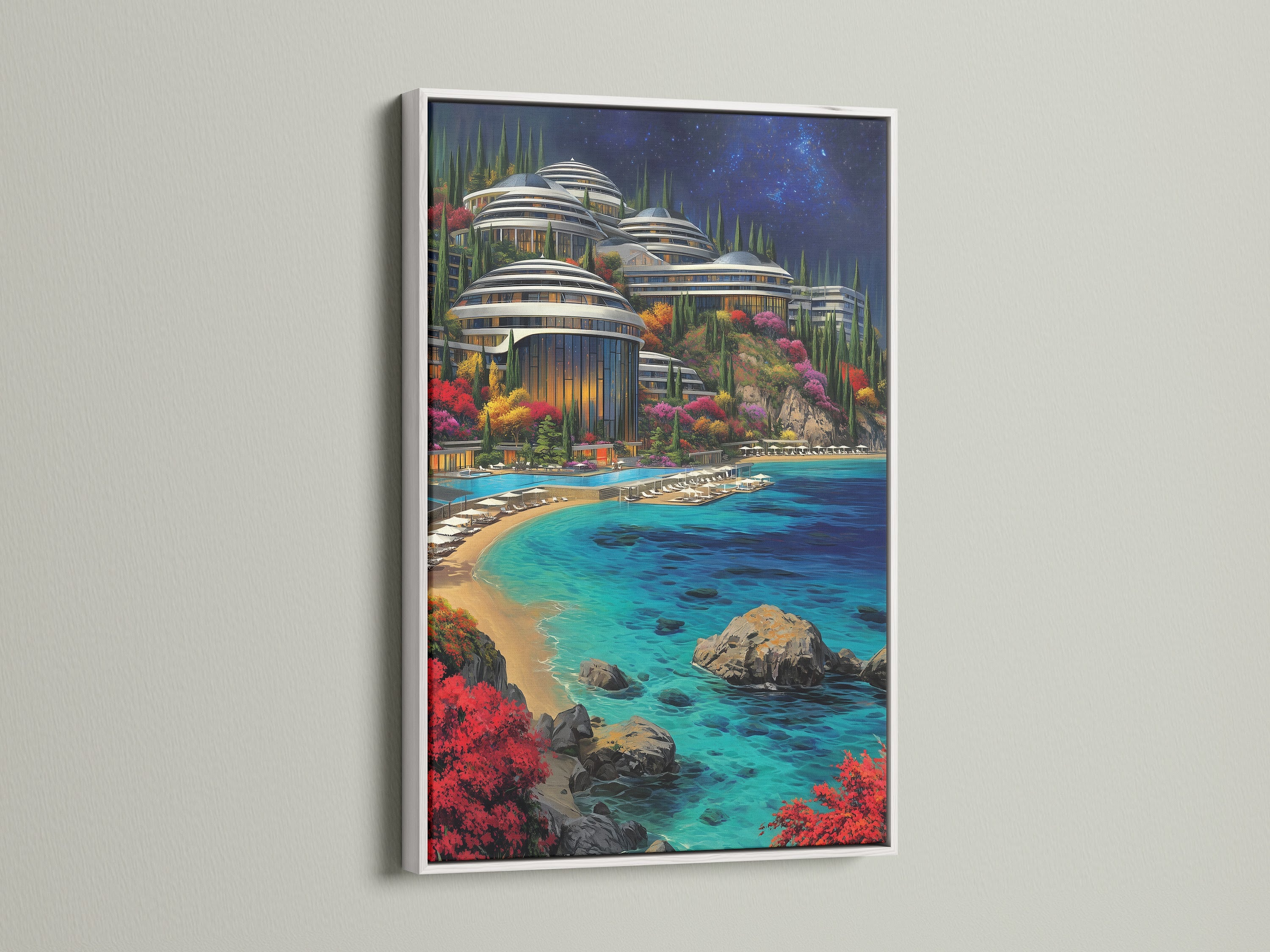 A captivating piece of Futuristic Architecture art is displayed in a white frame. The turquoise ocean and modern cityscape create a serene atmosphere. Ideal for coastal decor this artwork adds a fresh touch to any space. Consider this artwork for your living room or bedroom.