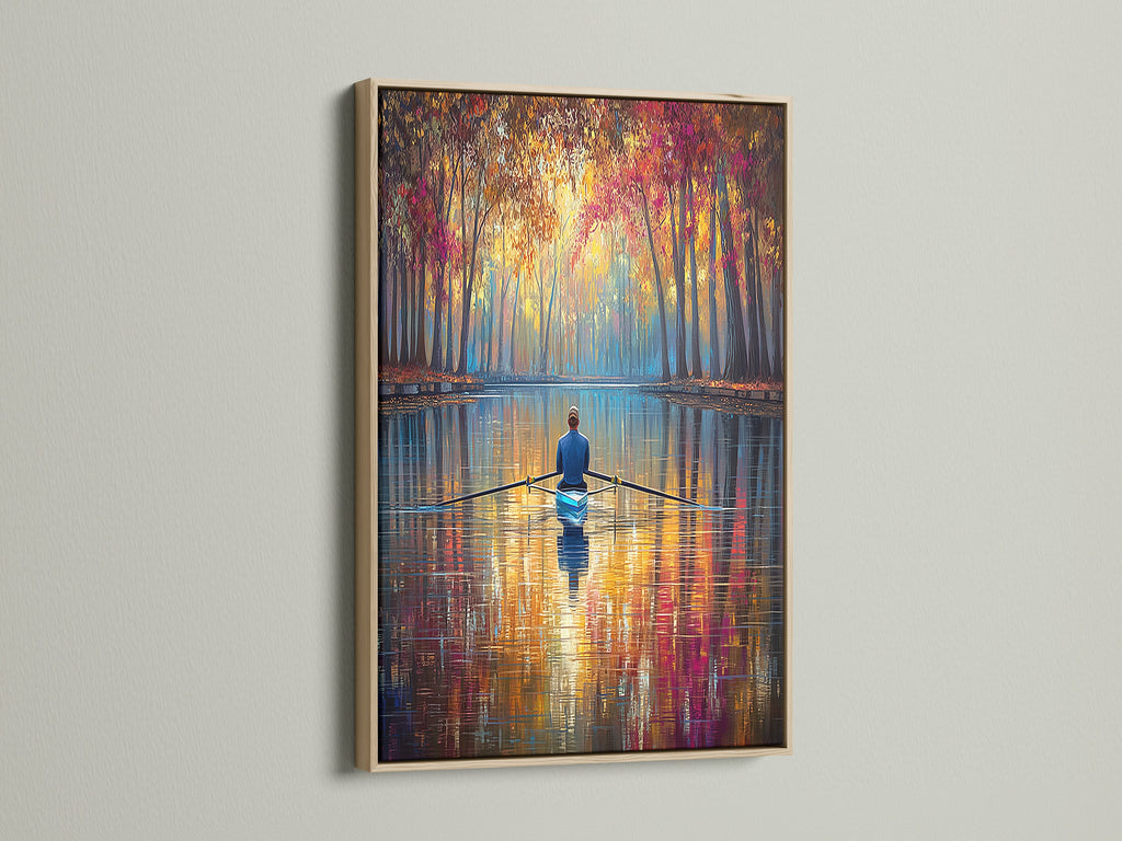 Experience the beauty of the Autumn Lake Wall Art in an oak frame. The warm tones of the frame enhance the artwork's fall colors. Notice the water reflection and scenic art details. This lake canvas print is ideal for nature-inspired home decor. Add a touch of tranquility to your space.