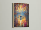 Experience the beauty of the Autumn Lake Wall Art in an oak frame. The warm tones of the frame enhance the artwork's fall colors. Notice the water reflection and scenic art details. This lake canvas print is ideal for nature-inspired home decor. Add a touch of tranquility to your space.