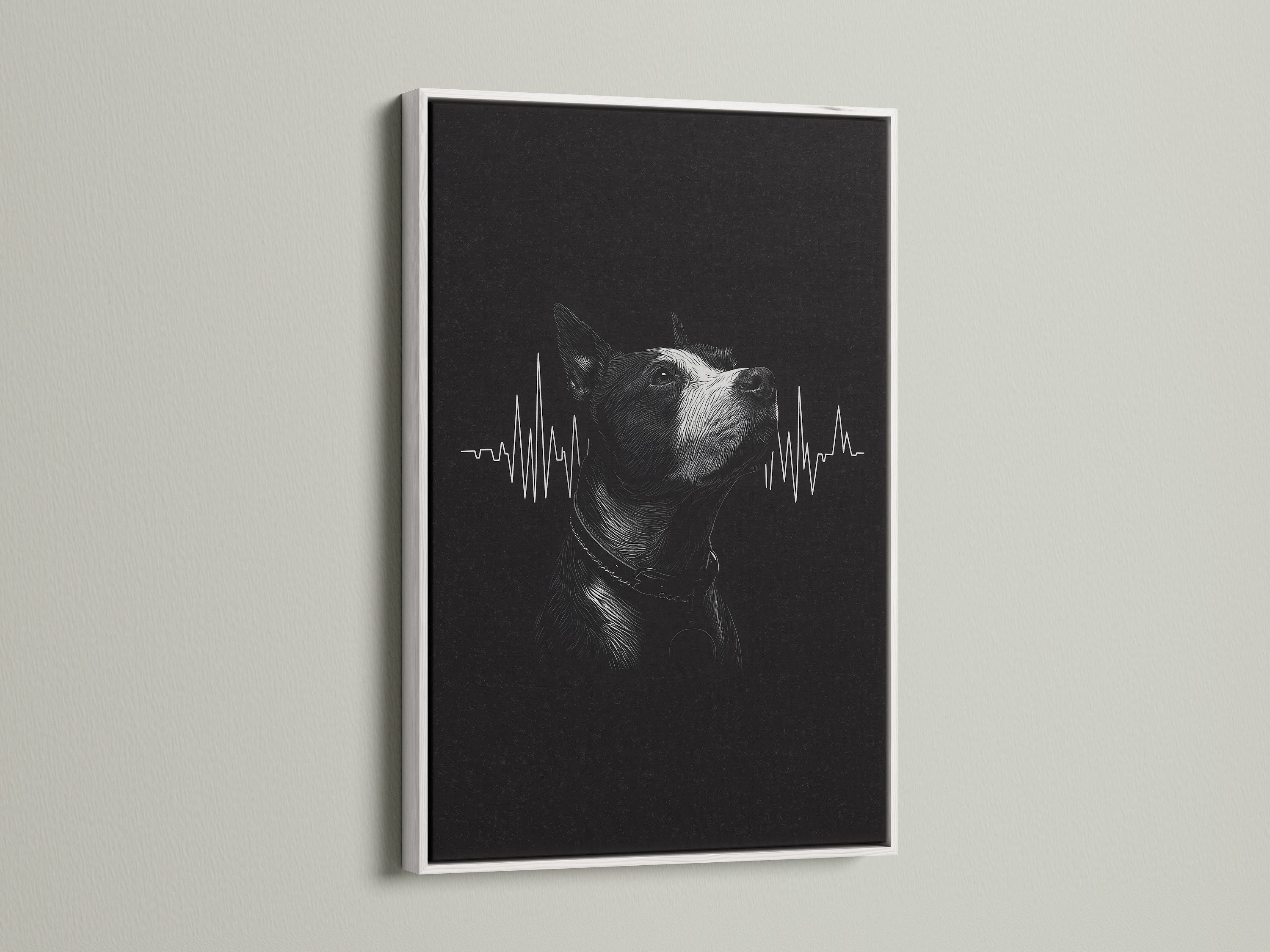 A dog heartbeat artwork is elegantly presented in a white frame. The clean white finish complements the black and white artwork. It is suitable for medical or home decor. View this contemporary art piece.