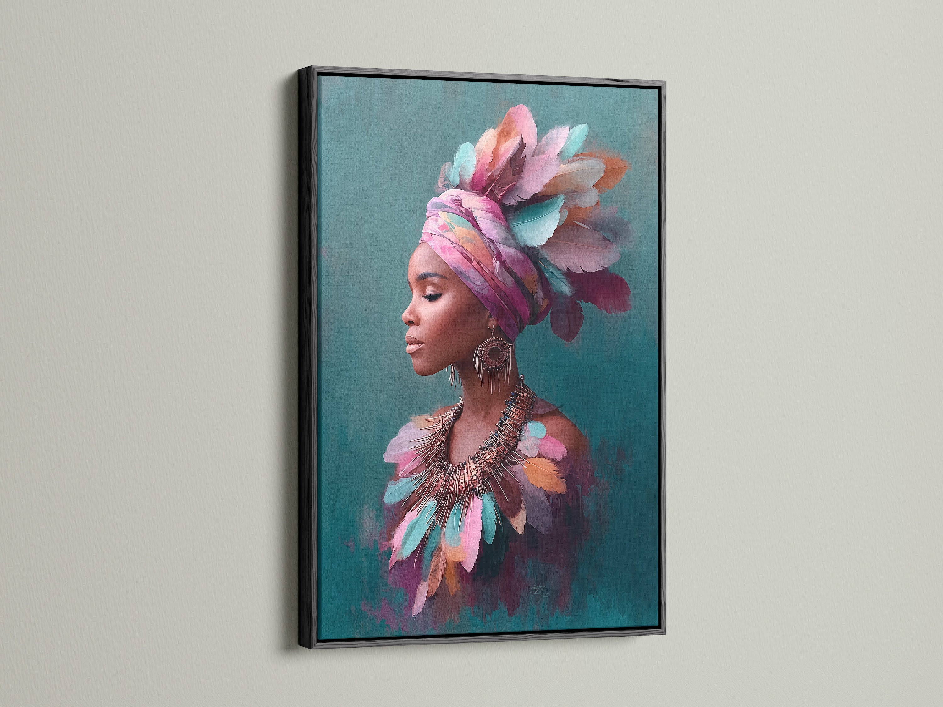 Here the African Woman Canvas Art is in a black frame. The art features a colorful feather portrait. The black frame creates a bold statement. It is ideal for contemporary art lovers. This artwork will enhance any room.
