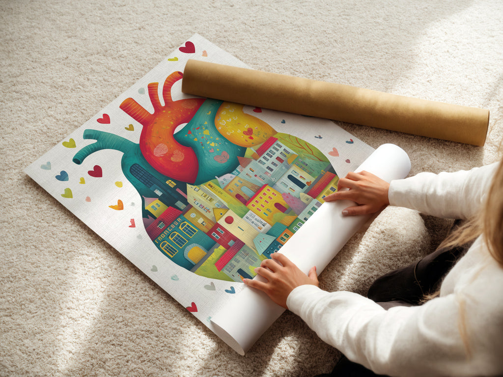 A woman carefully rolls a fine art poster paper. This poster features the anatomical heart artwork. The heart is filled with whimsical city houses. Perfect for medical professionals or art collectors. The fine art paper ensures a high-quality print of this contemporary piece.
