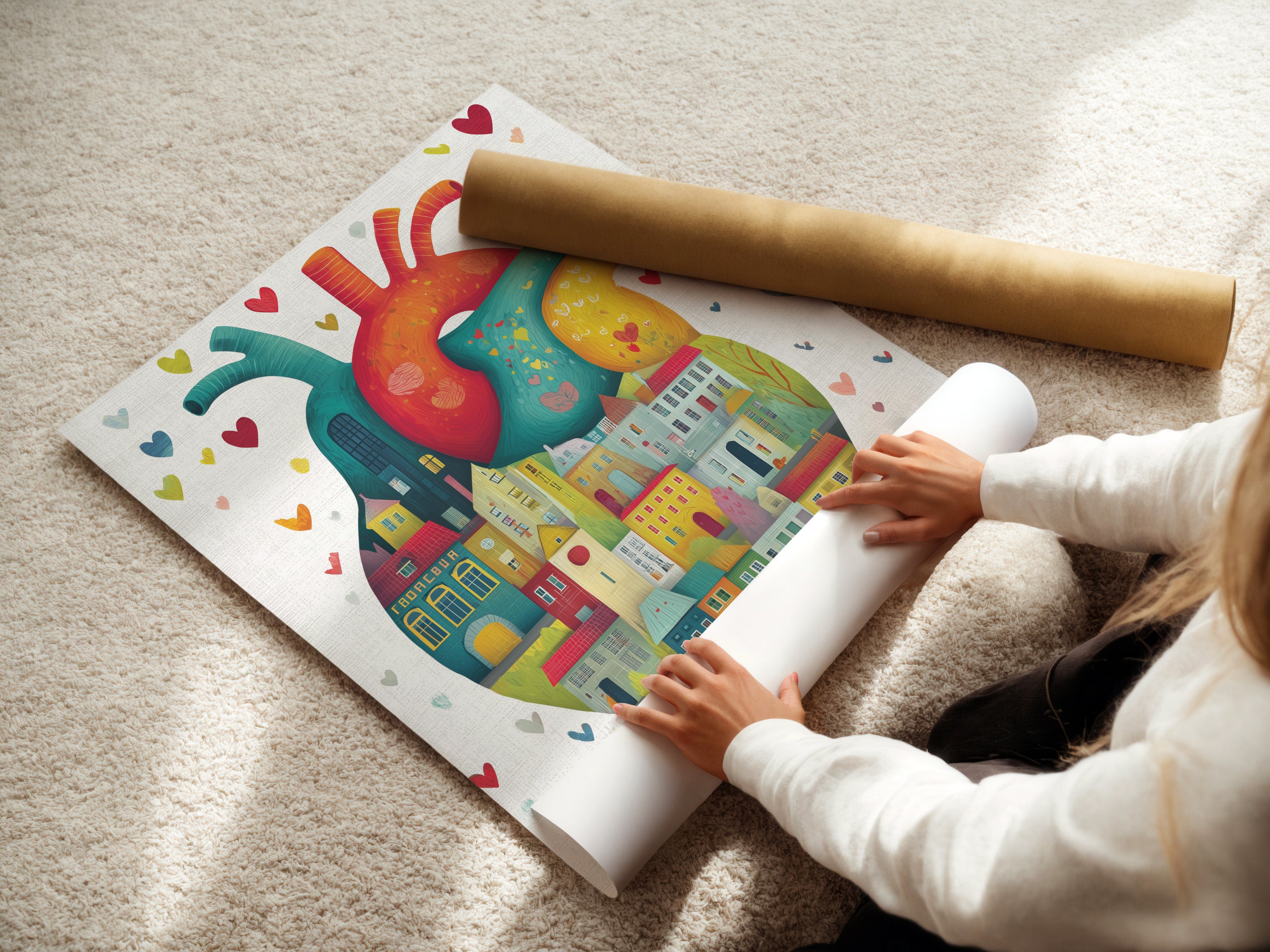 A woman carefully rolls a fine art poster paper. This poster features the anatomical heart artwork. The heart is filled with whimsical city houses. Perfect for medical professionals or art collectors. The fine art paper ensures a high-quality print of this contemporary piece.