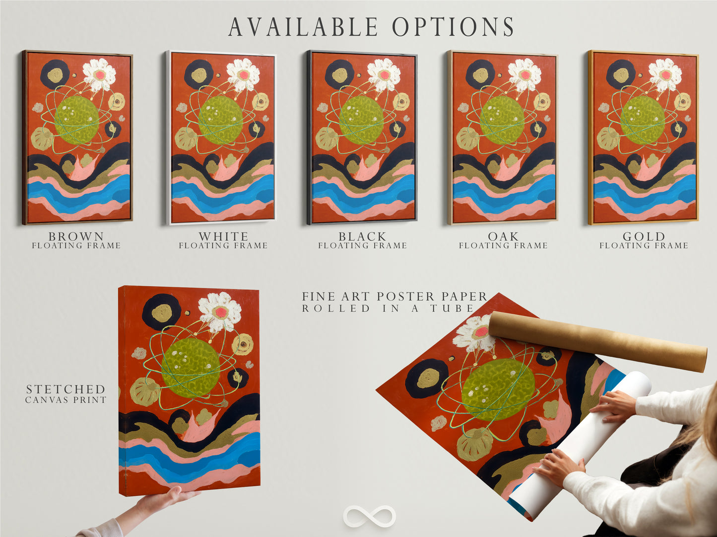 Available options for cosmic abstract art print are shown. Stretched canvas print fine art poster paper and floating frame are available. The celestial collage wall art is modern surreal artwork. This vibrant wall art is a great addition to your home.