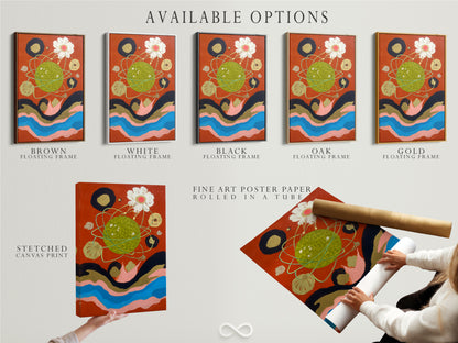 Available options for cosmic abstract art print are shown. Stretched canvas print fine art poster paper and floating frame are available. The celestial collage wall art is modern surreal artwork. This vibrant wall art is a great addition to your home.