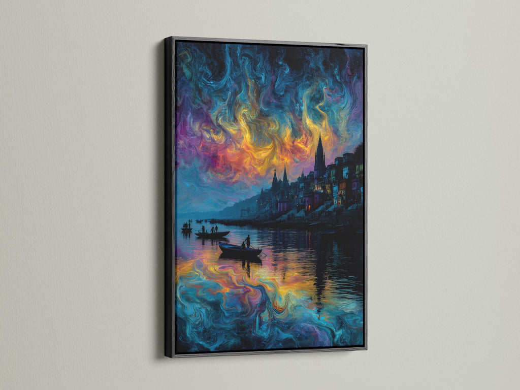 Abstract waterscape artwork with a black frame. This psychedelic art is great for creative spaces. The surreal cityscape features a swirling sky. This colorful wall art is perfect for bedroom wall decor.