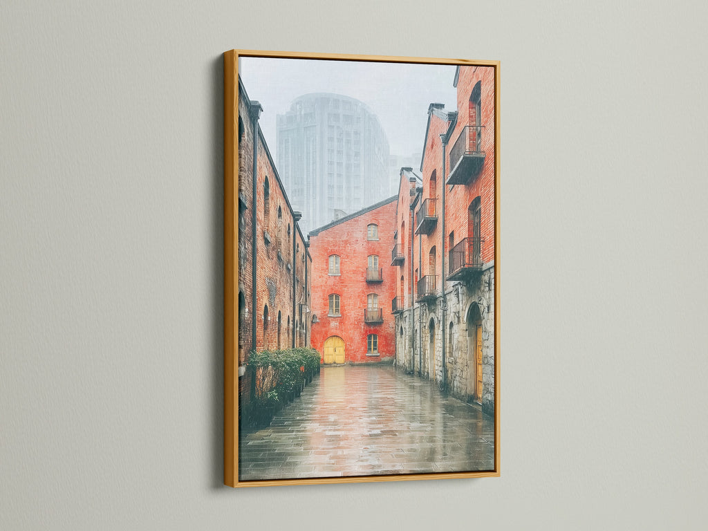 The gold frame adds a touch of elegance to the Brick Building Canvas Print. This architectural art is perfect for adding an industrial touch to any room. This is ideal for office decor or home art.