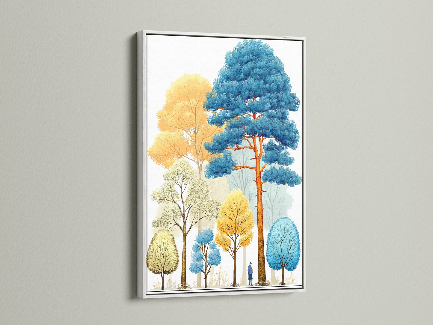 A white frame enhances this vibrant colorful forest artwork. An abstract tree artwork adds a touch of nature to any room. Consider this modern art print for your office wall or home. It complements minimalist and Scandinavian styles perfectly.