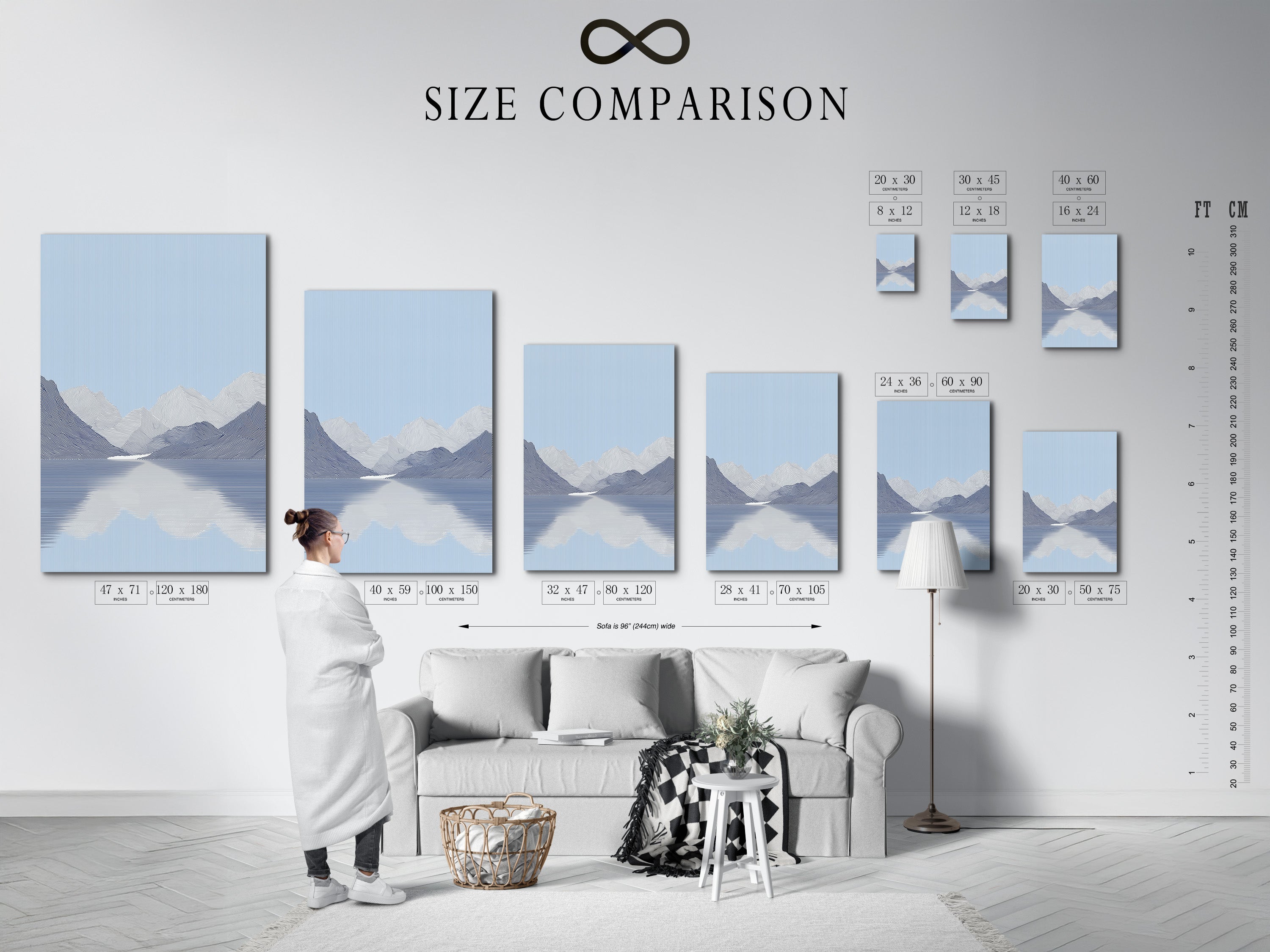 Size comparison chart in an interior setting. This chart helps visualize artwork dimensions. Compare artwork sizes to fit your space perfectly. The chart provides a clear understanding of scale. Find the ideal size for your artwork needs.