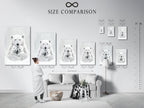 A size comparison chart is displayed in an interior setting. See the different sizes available for this polar bear family artwork. This monochrome animal canvas can fit any wall decor needs.