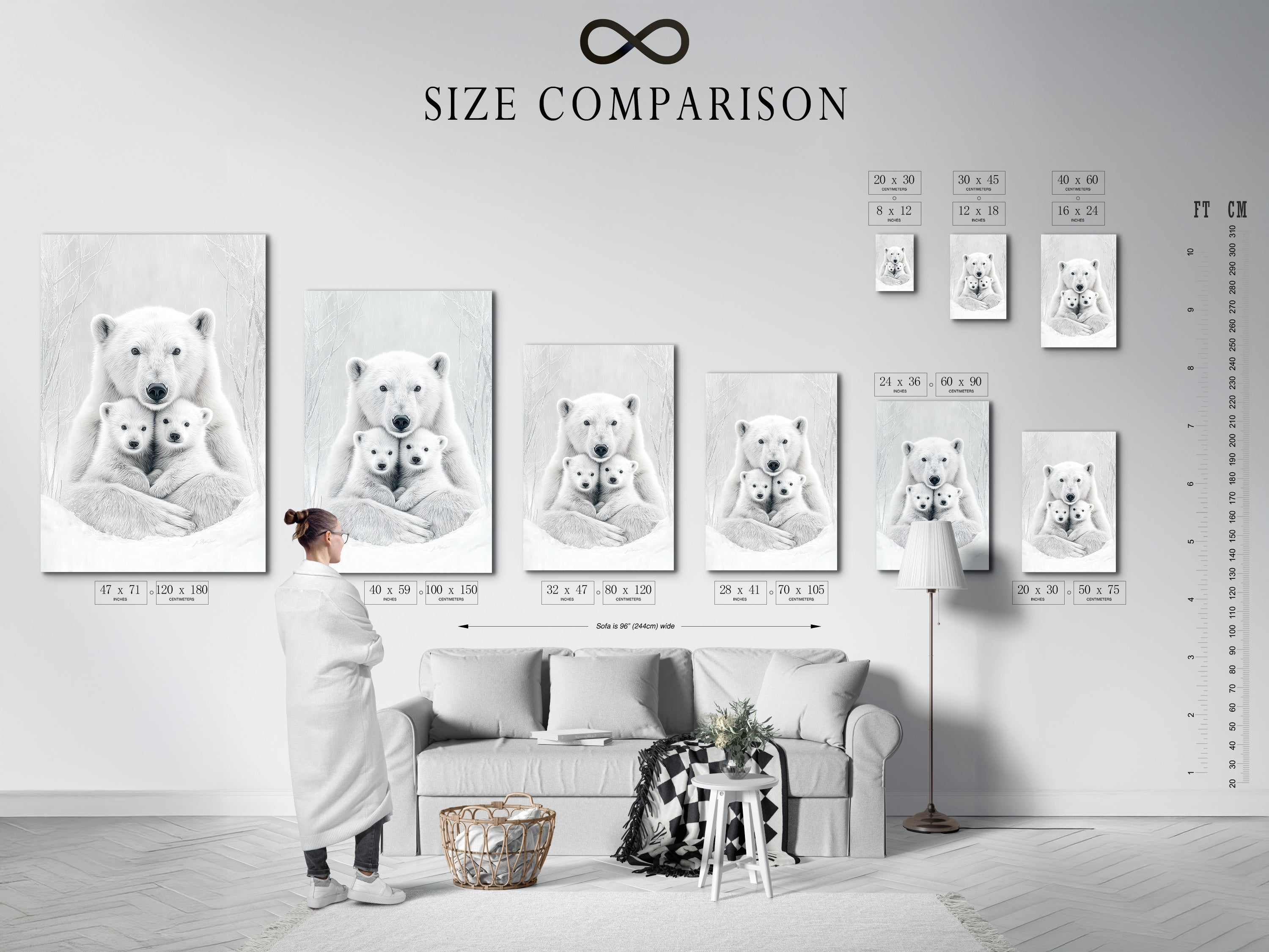 A size comparison chart is displayed in an interior setting. See the different sizes available for this polar bear family artwork. This monochrome animal canvas can fit any wall decor needs.