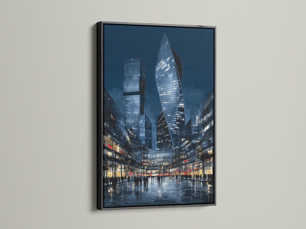 The black frame accentuates the city skyline art. This modern urban artwork is ideal for office wall art. The cityscape wall decor features blue architecture art. A black frame offers a sleek sophisticated touch to modern art.