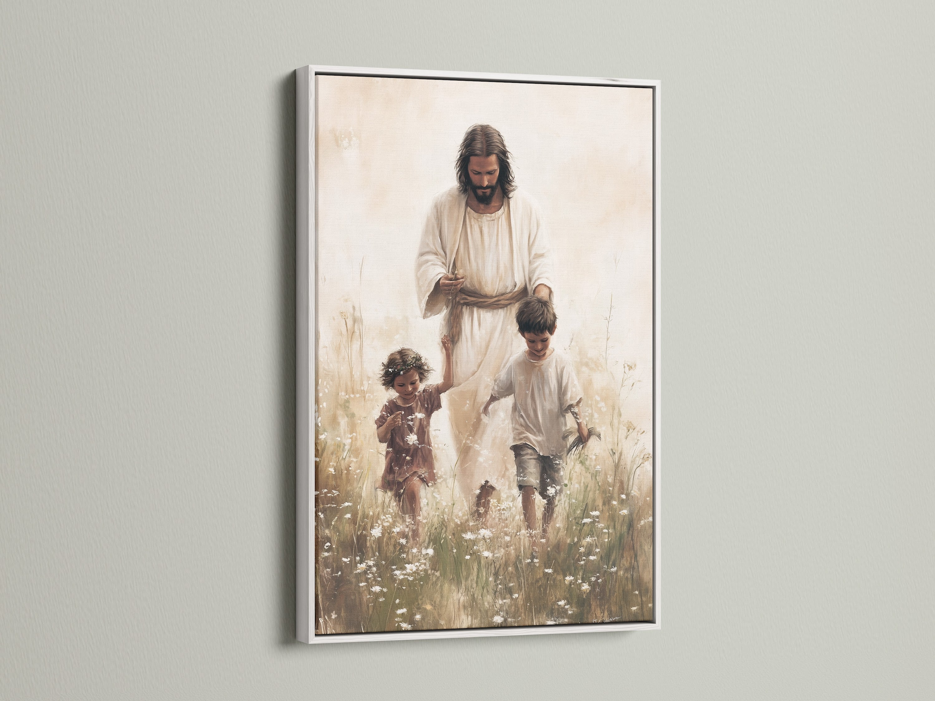 This artwork of Jesus Christ and children is presented in a clean white frame. The white frame offers a fresh modern look. See how this artwork brings a sense of peace and serenity to your space. A perfect addition to any home decor.