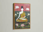 A gold frame enhances this meditation art print. The artwork features a Buddha figure surrounded by lotus flowers. This piece of zen wall decor brings a touch of elegance to yoga studios wellness centers and minimalist homes. It offers a peaceful aesthetic.