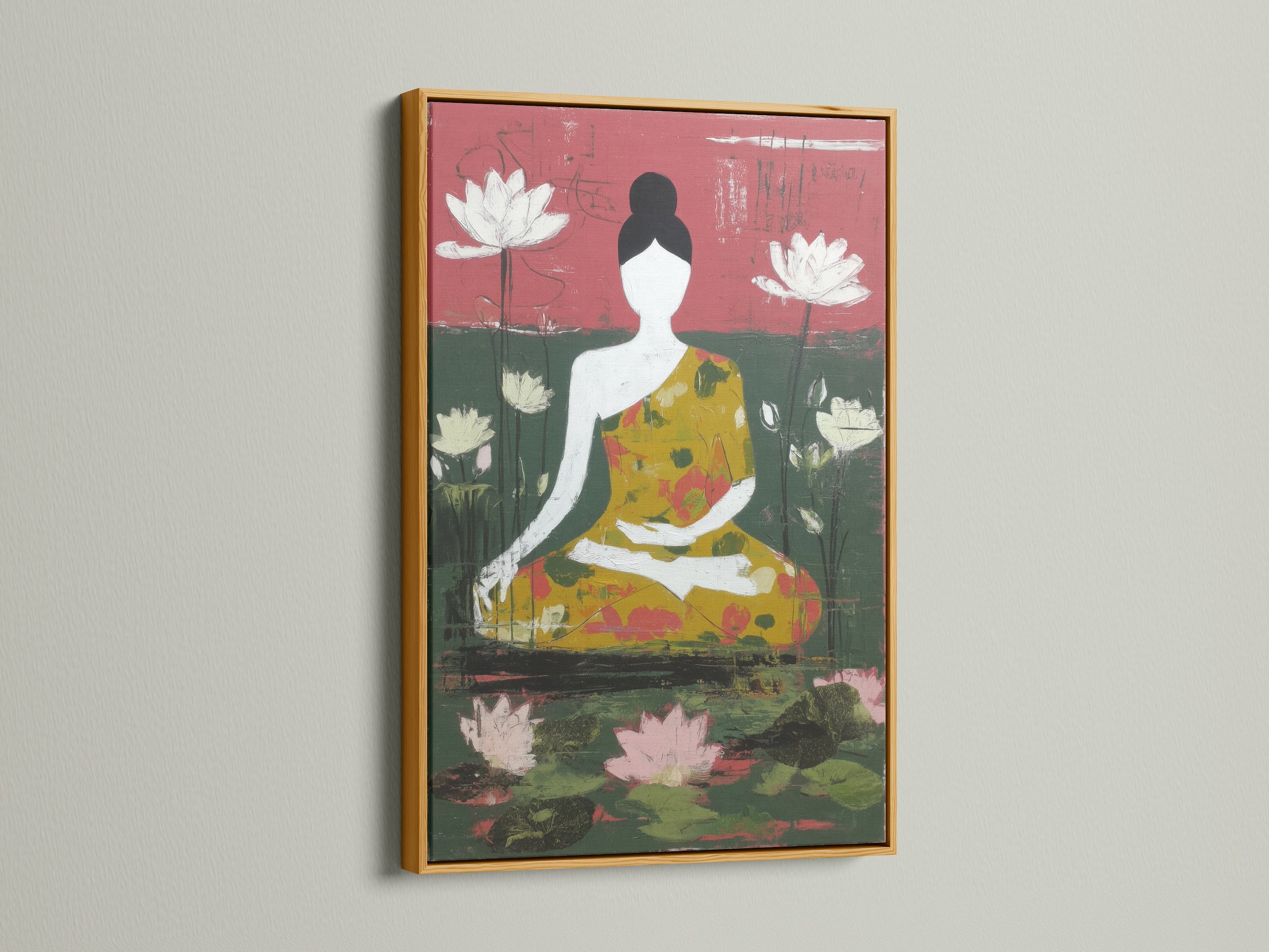 A gold frame enhances this meditation art print. The artwork features a Buddha figure surrounded by lotus flowers. This piece of zen wall decor brings a touch of elegance to yoga studios wellness centers and minimalist homes. It offers a peaceful aesthetic.